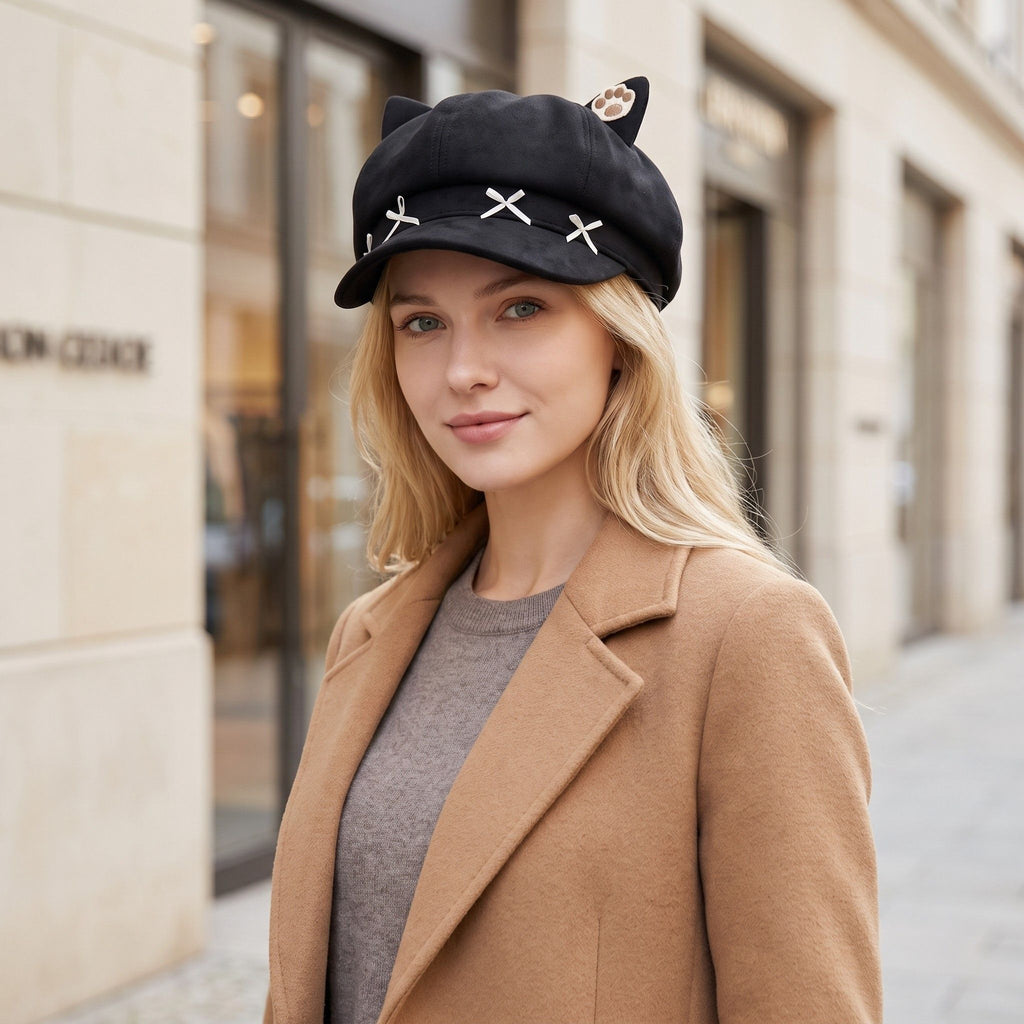Cat Ear Newsboy Cap Cute Baker Boy Hat Bow Detail Short Brim Casual Style