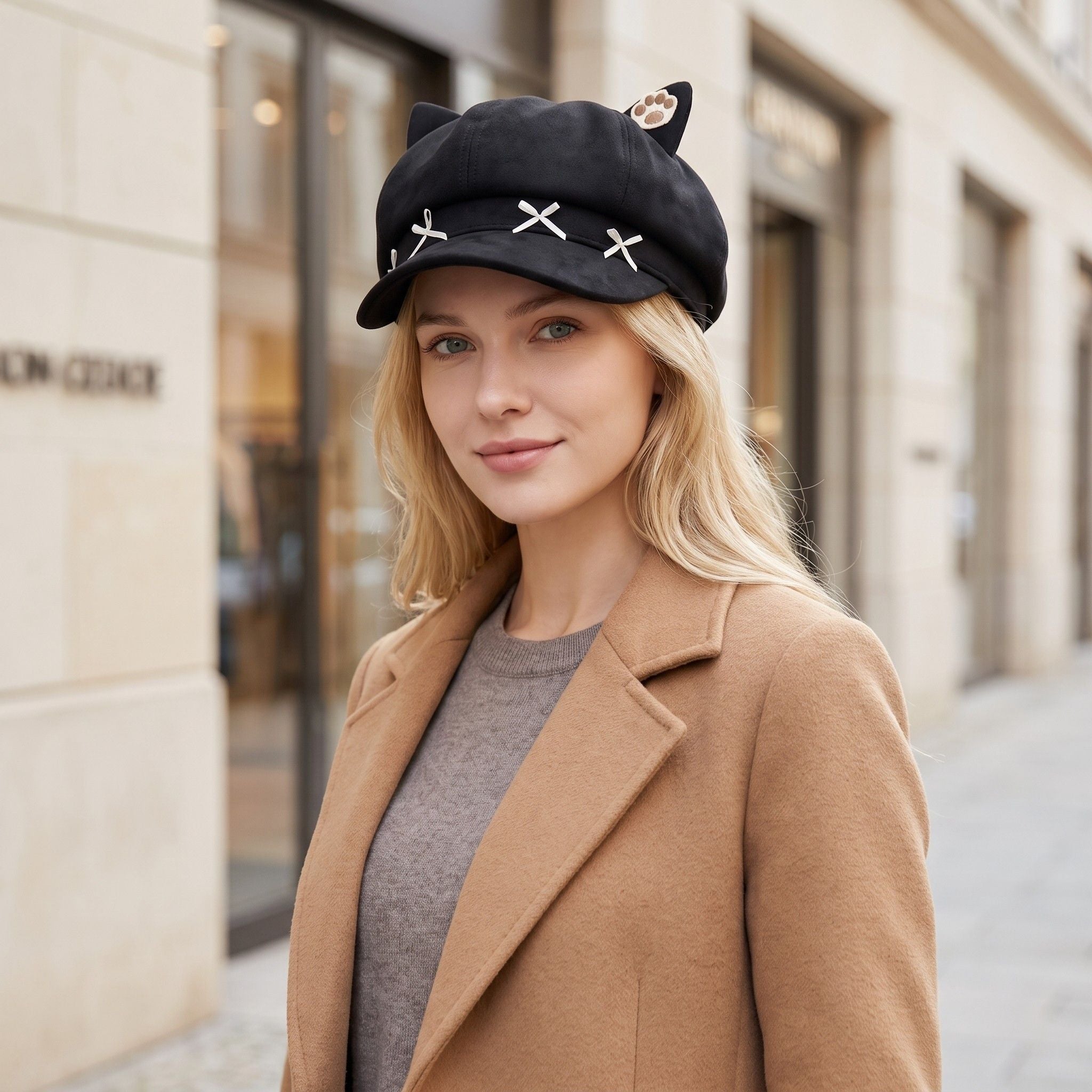Cat Ear Newsboy Cap Cute Baker Boy Hat Bow Detail Short Brim Casual Style