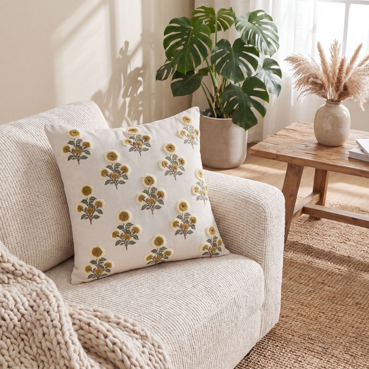 Square Floral Embroidered Throw Pillow Cover Textured Botanical Cushion