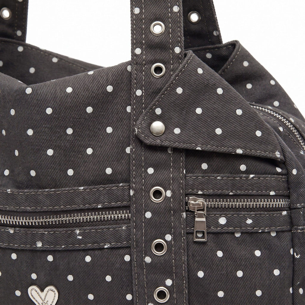 Polka Dot Multi-Pocket Shoulder Bag with Zip Closure