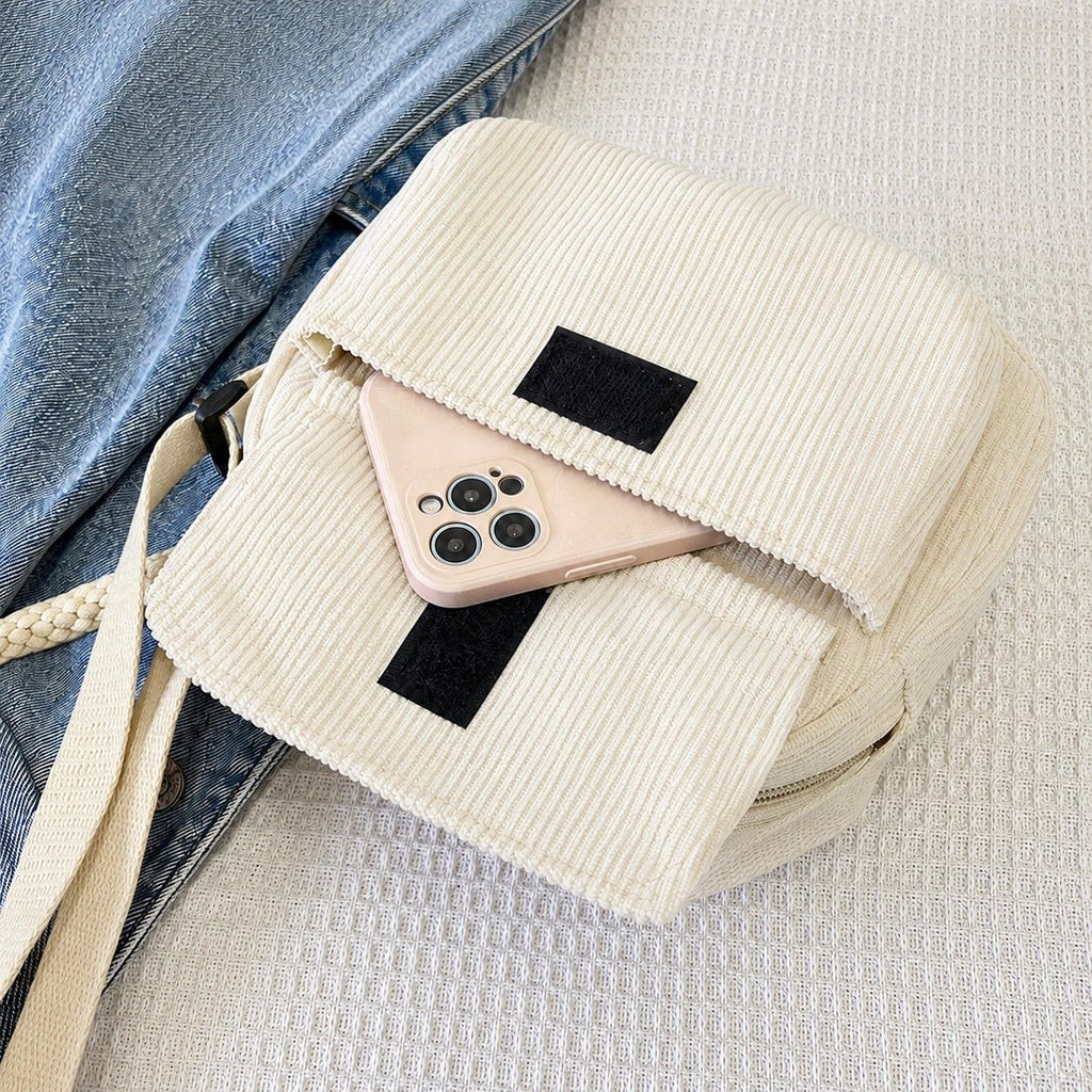 Corduroy Crossbody Bag with Front Pocket Adjustable Strap and Zip Closure