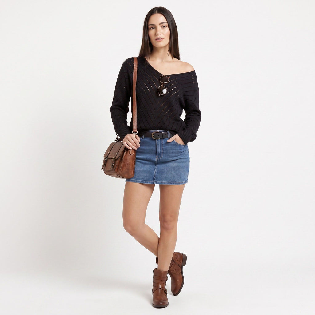 Chevron Pointelle V-Neck Long Sleeve Knit Sweater
