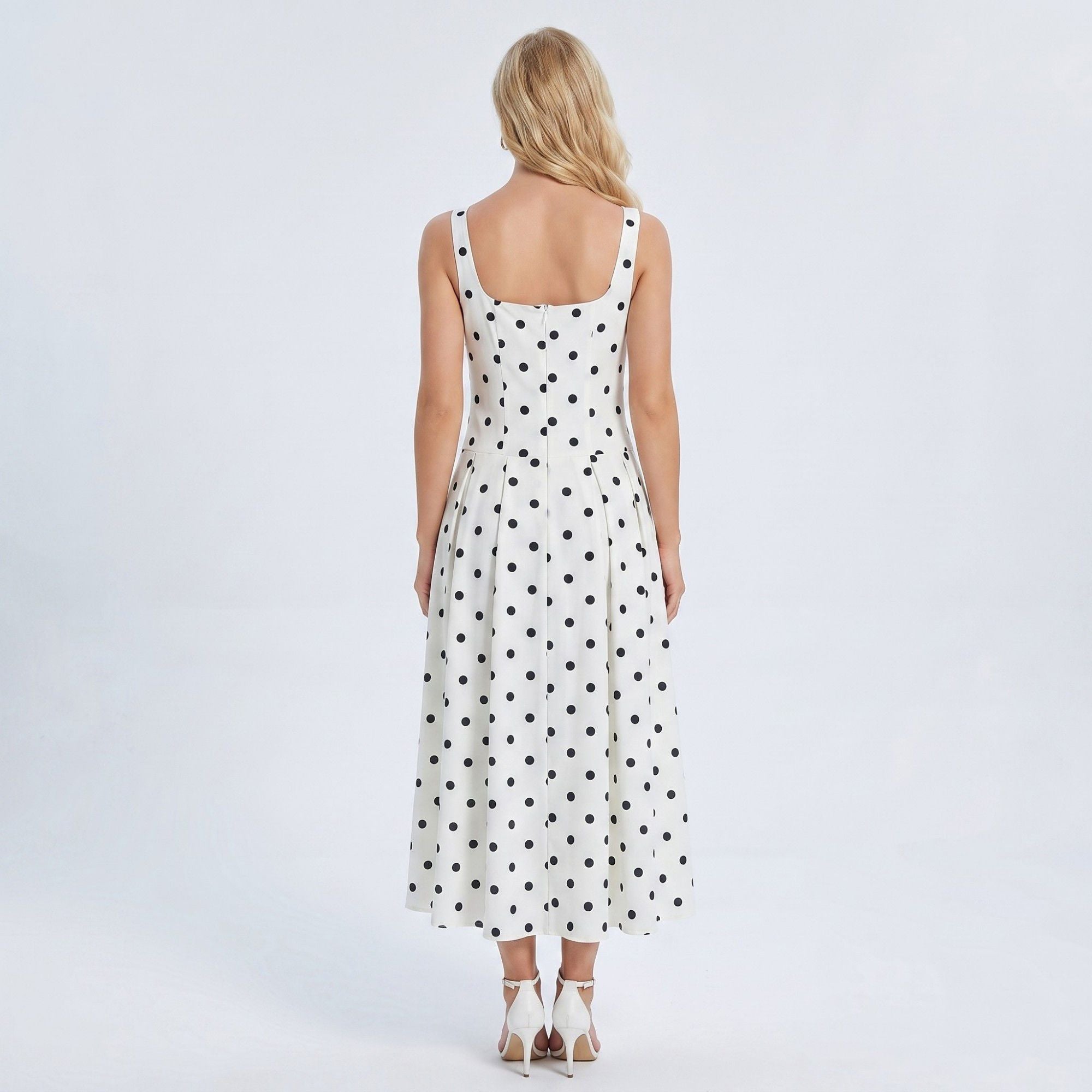Anna-Kaci Women's Polka Dot Square Neck Fit and Flare Midi Dress
