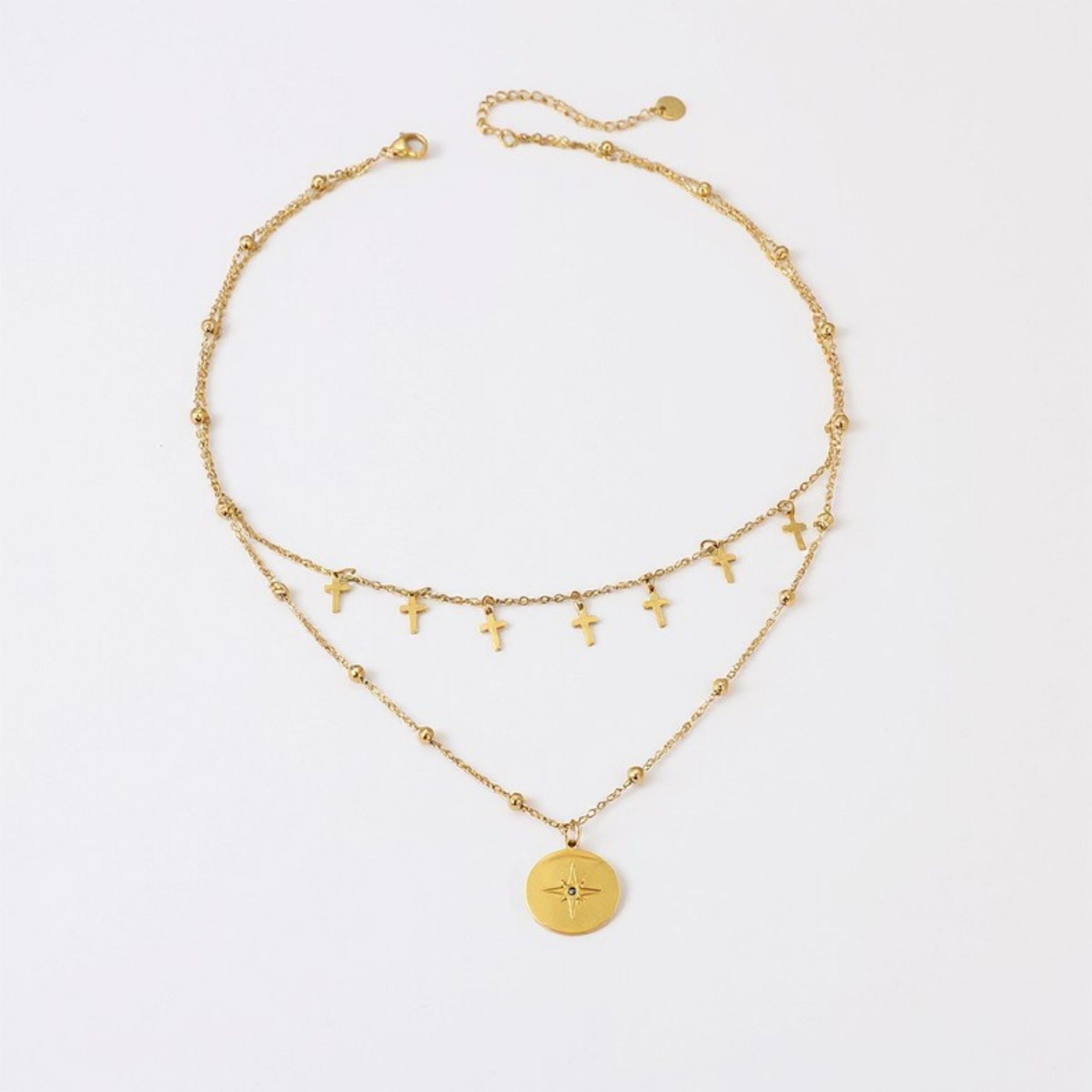 Women's Layered Necklace with Cross Charms and Compass Medallion Pendant