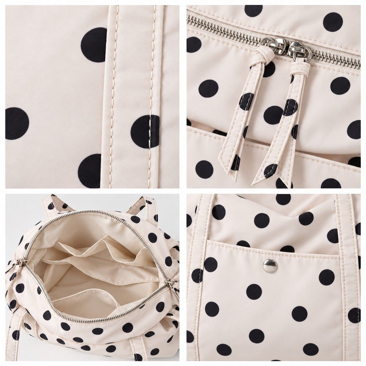 Polka Dot Nylon Barrel Shoulder Bag with Double Handles Zip Closure and Interior Pockets