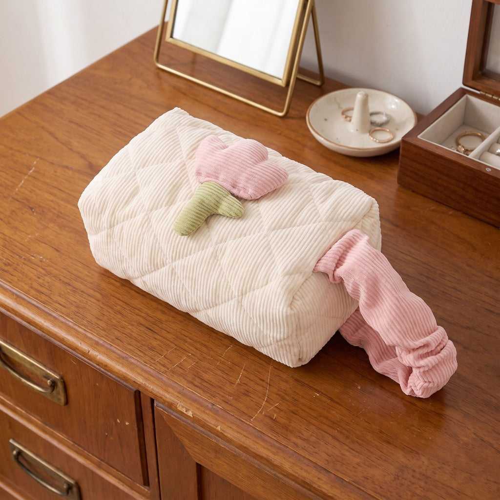 Quilted Corduroy Flower Cosmetic Bag with Top Handle