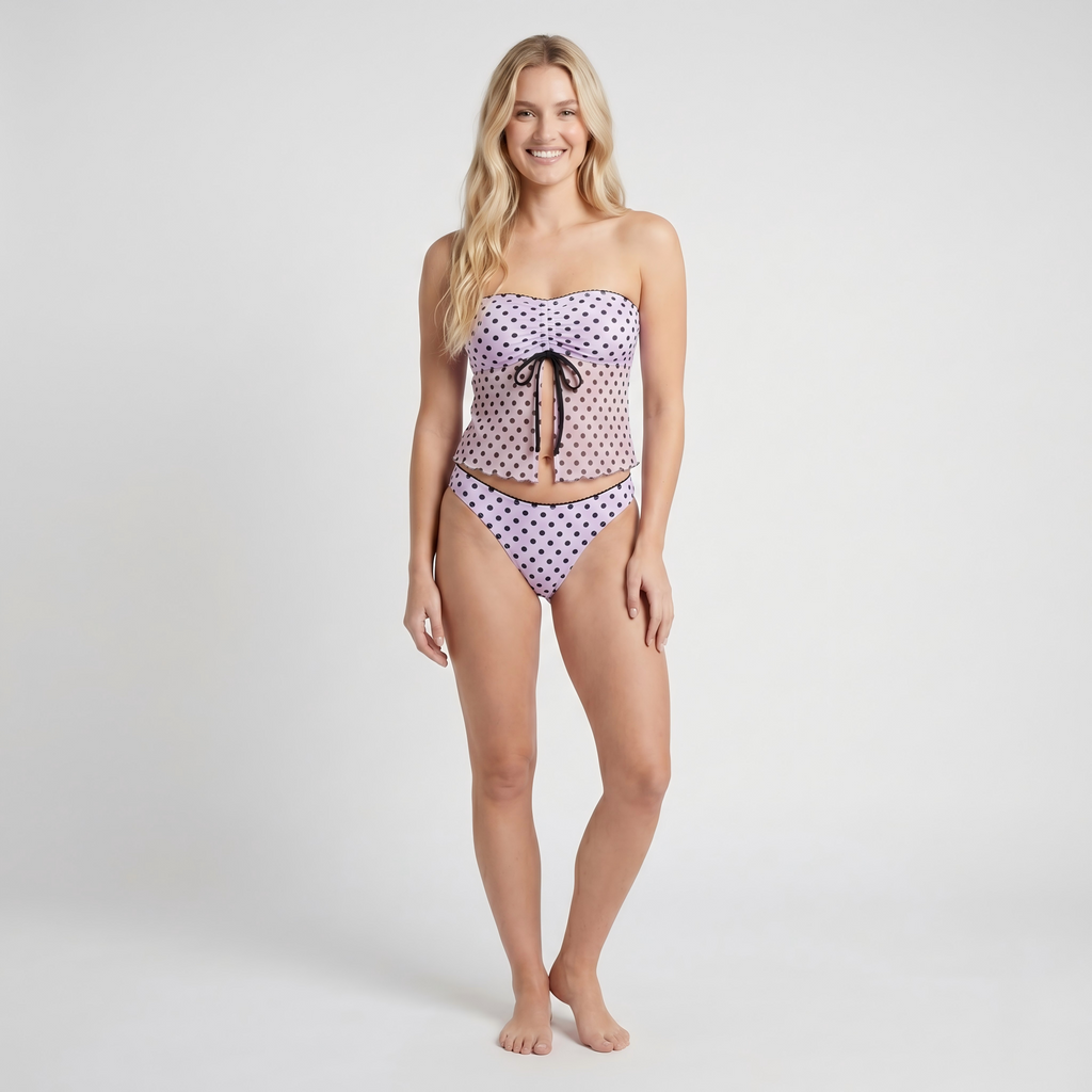 Anna-Kaci Women's Polka Dot 2-Piece Tankini Swimsuit Set with Adjustable Halter Strap Bow Detail Ruched Bust and Mid Rise Bottom