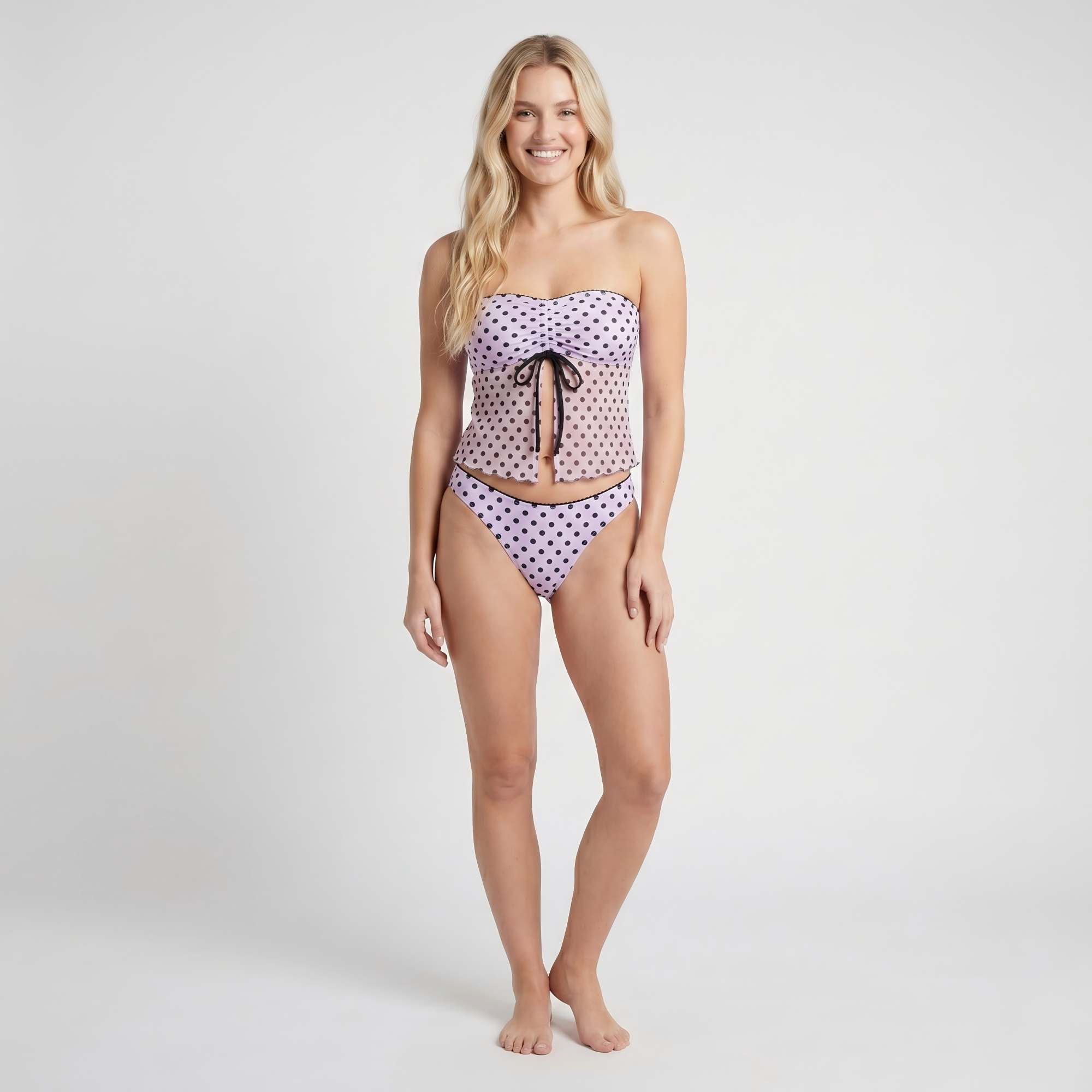 Anna-Kaci Women's Polka Dot 2-Piece Tankini Swimsuit Set with Adjustable Halter Strap Bow Detail Ruched Bust and Mid Rise Bottom