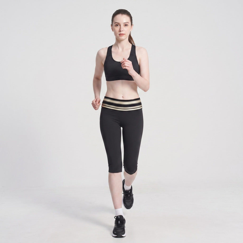 Striped Foldover Waist Capri Leggings Fitted Cropped Yoga Pants for Workouts and Athleisure