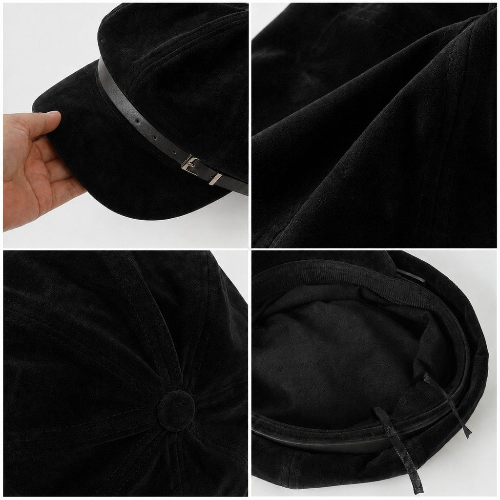 Faux Suede Newsboy Cap Vintage Baker Boy Hat with Buckle Band