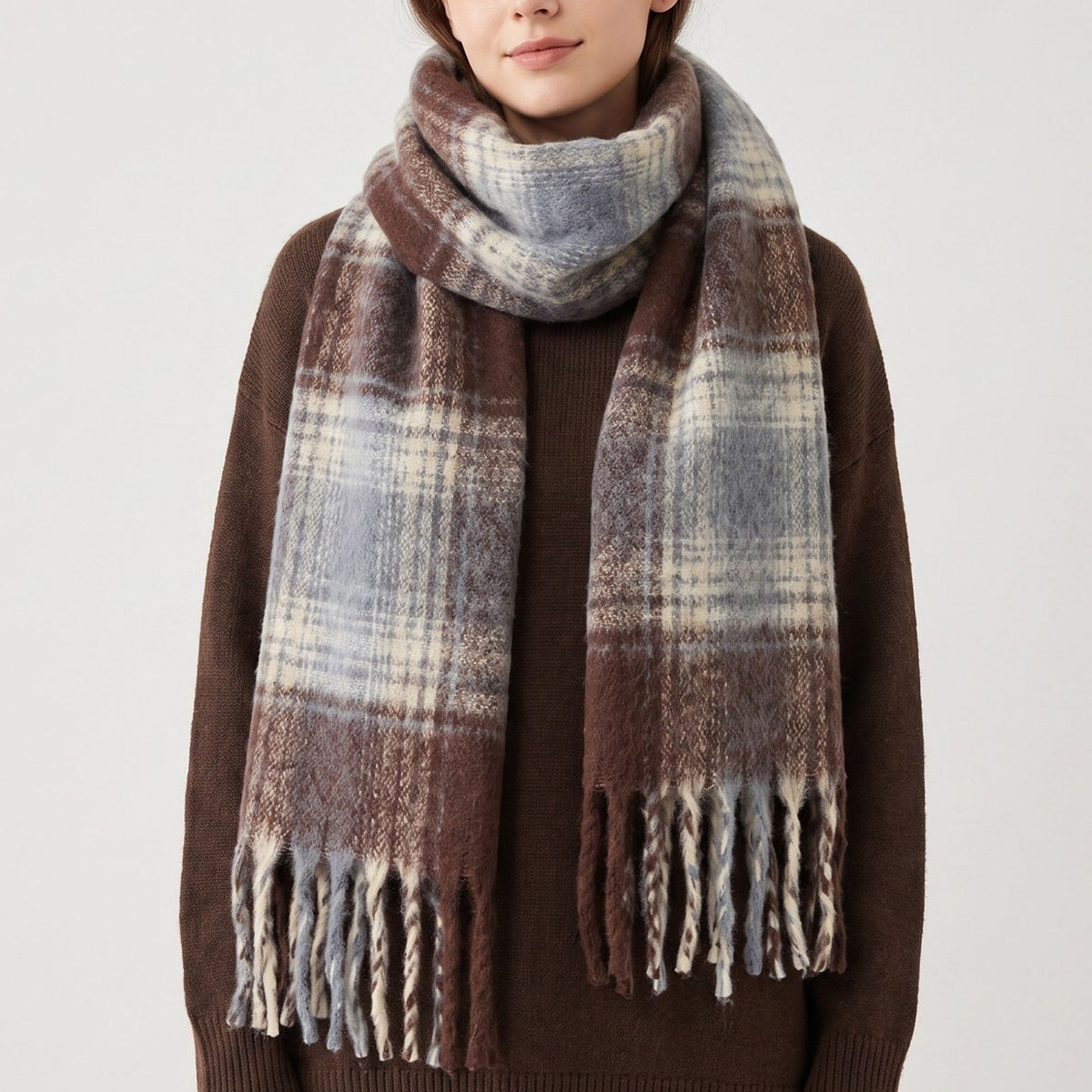 Oversized Plaid Scarf with Fringe Soft Brushed Winter Wrap