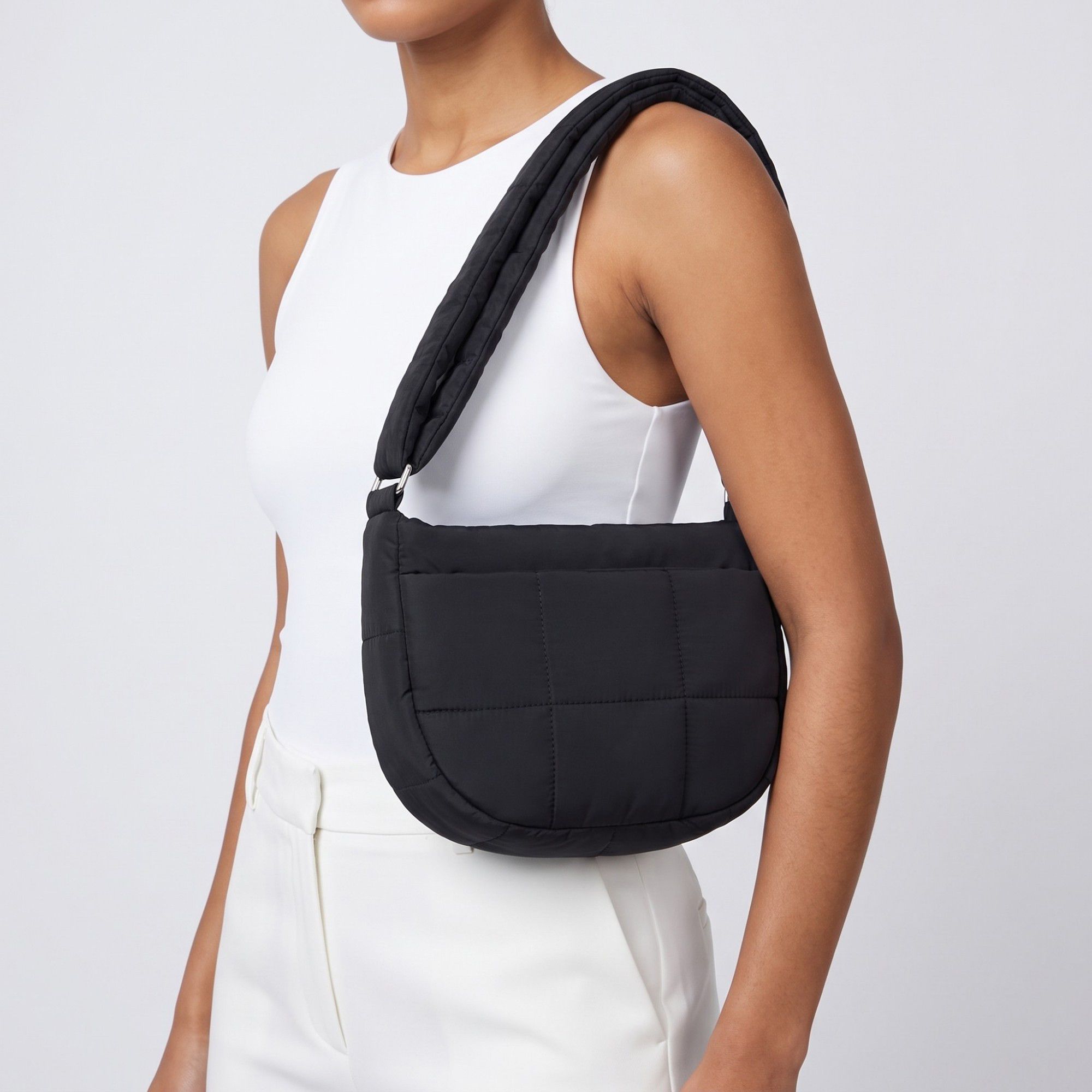 Soft Puffy Quilted Crescent Bag with Smooth Padded Panels and Adjustable Shoulder Straps 10.4x3.9x7.9in
