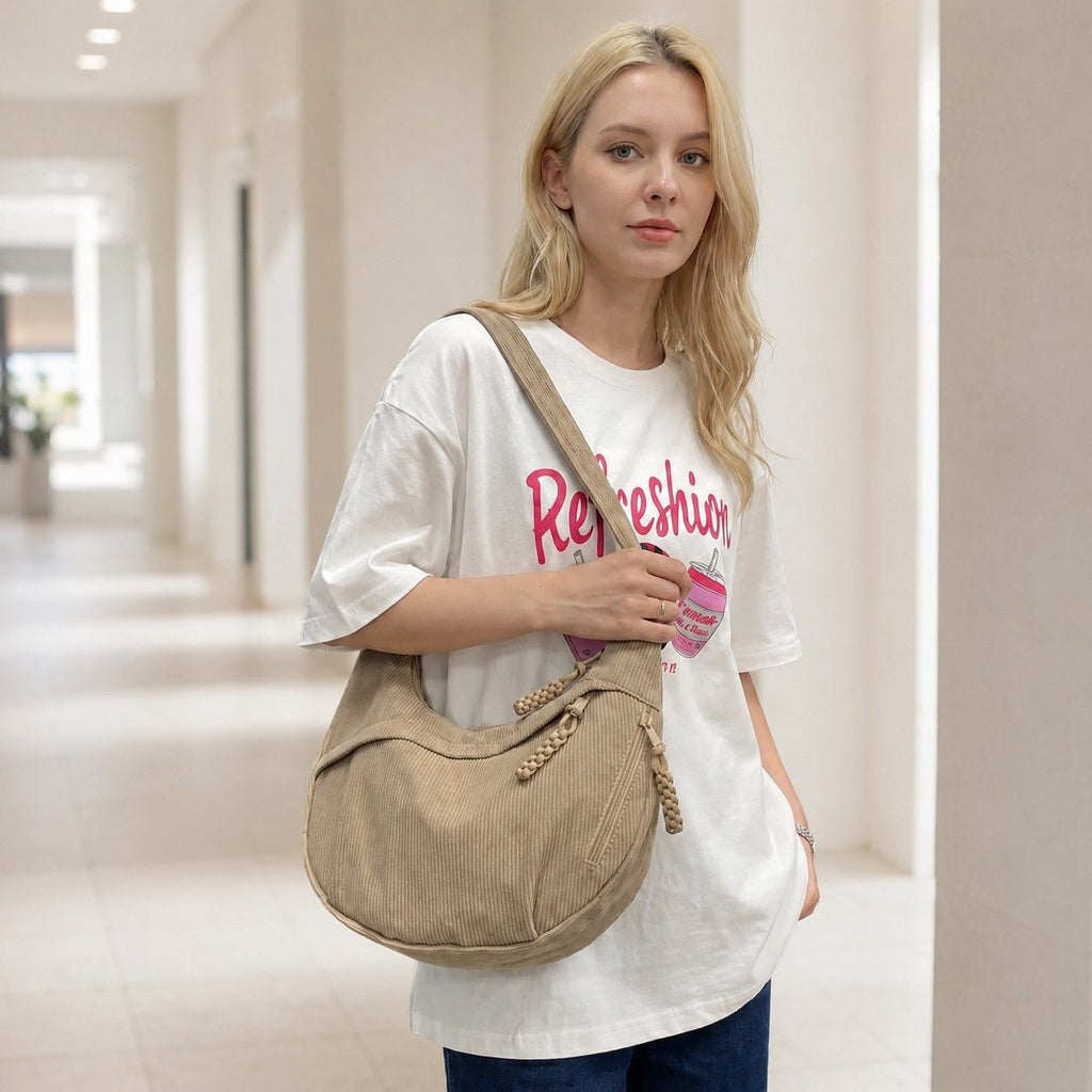 Corduroy Crescent Crossbody Bag with Adjustable Strap and Zip Pockets
