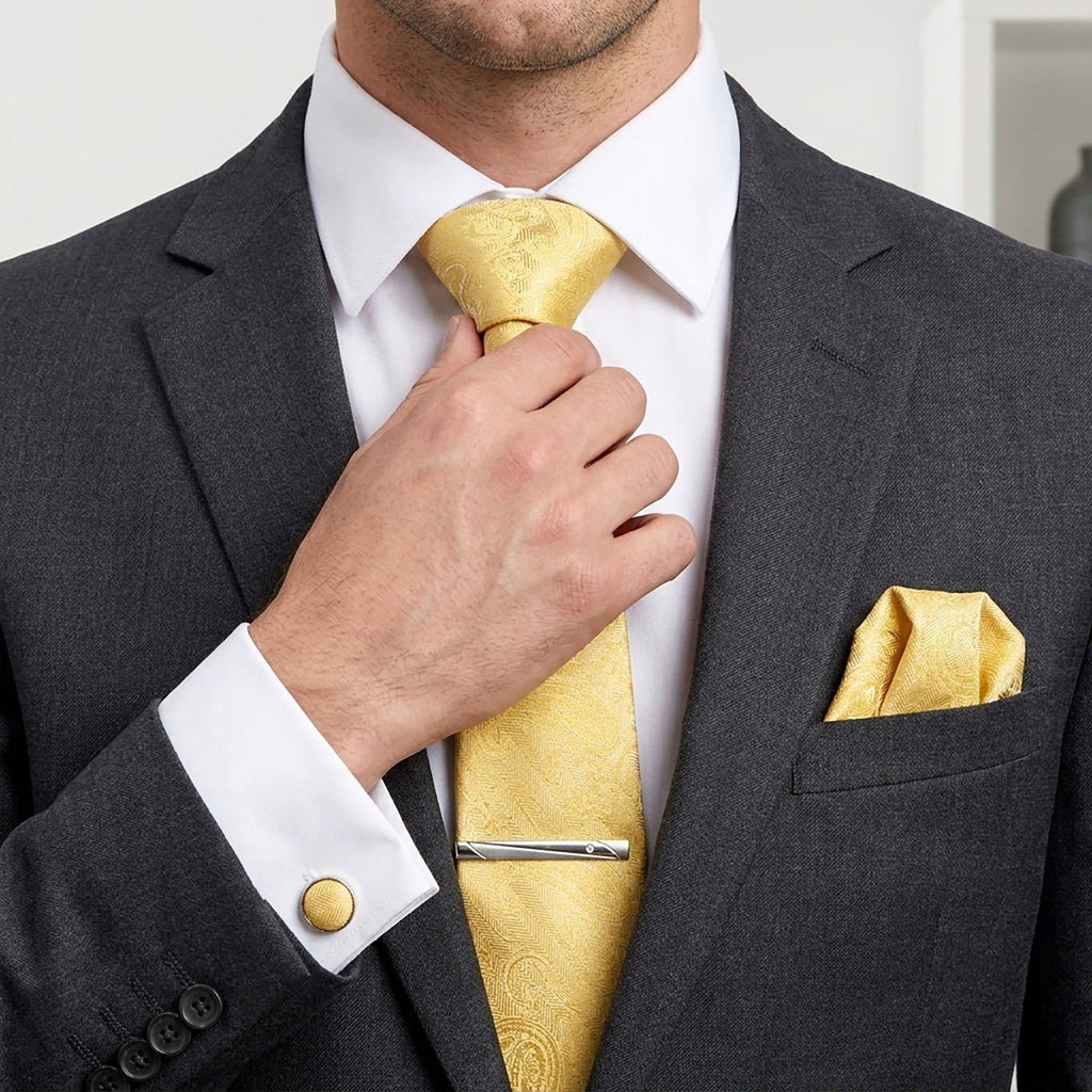 Men's Paisley Floral Tie Gift Set with Matching Pocket Square Cufflinks and Silver Tie Clip
