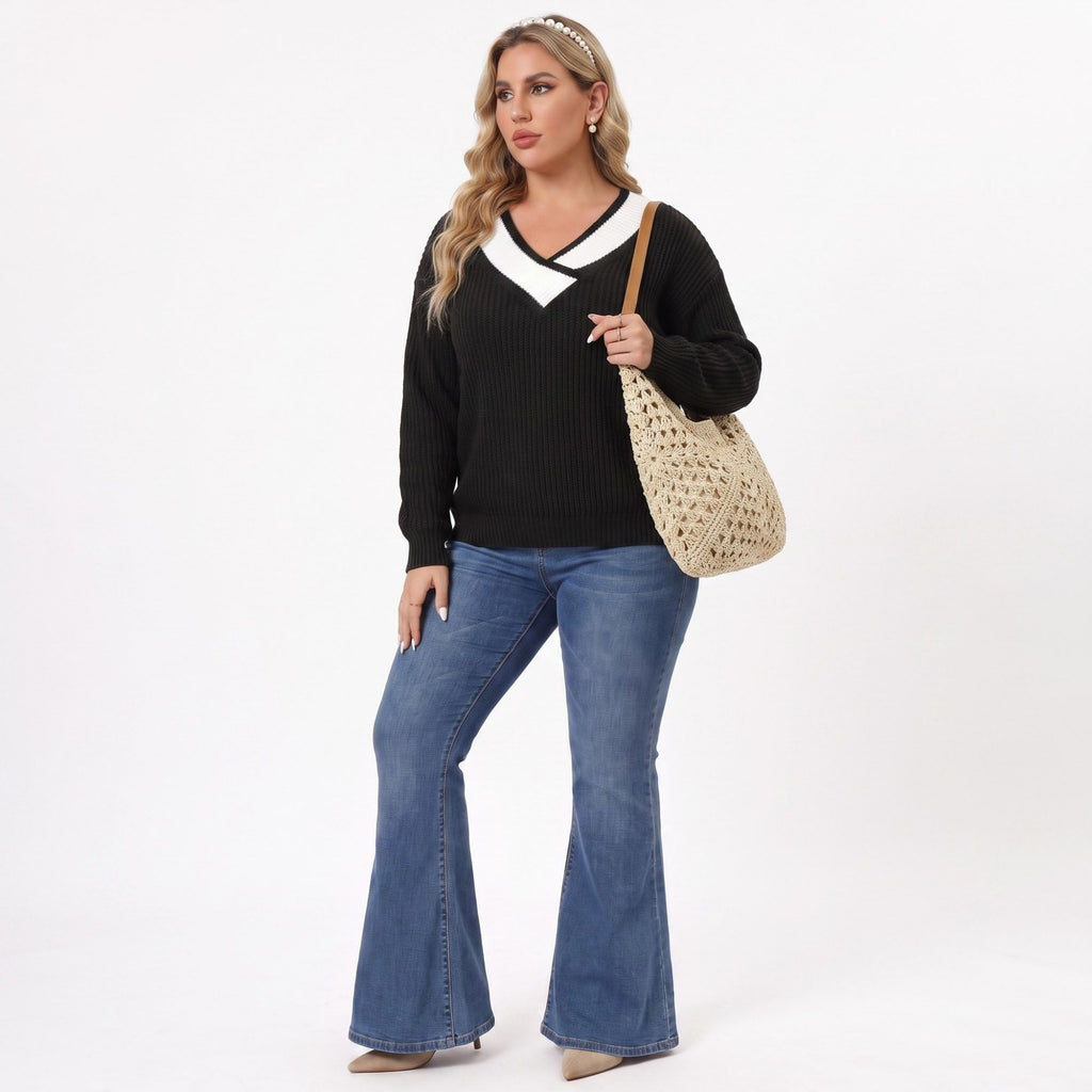 Plus Size Contrast Collar V-Neck Ribbed Sweater