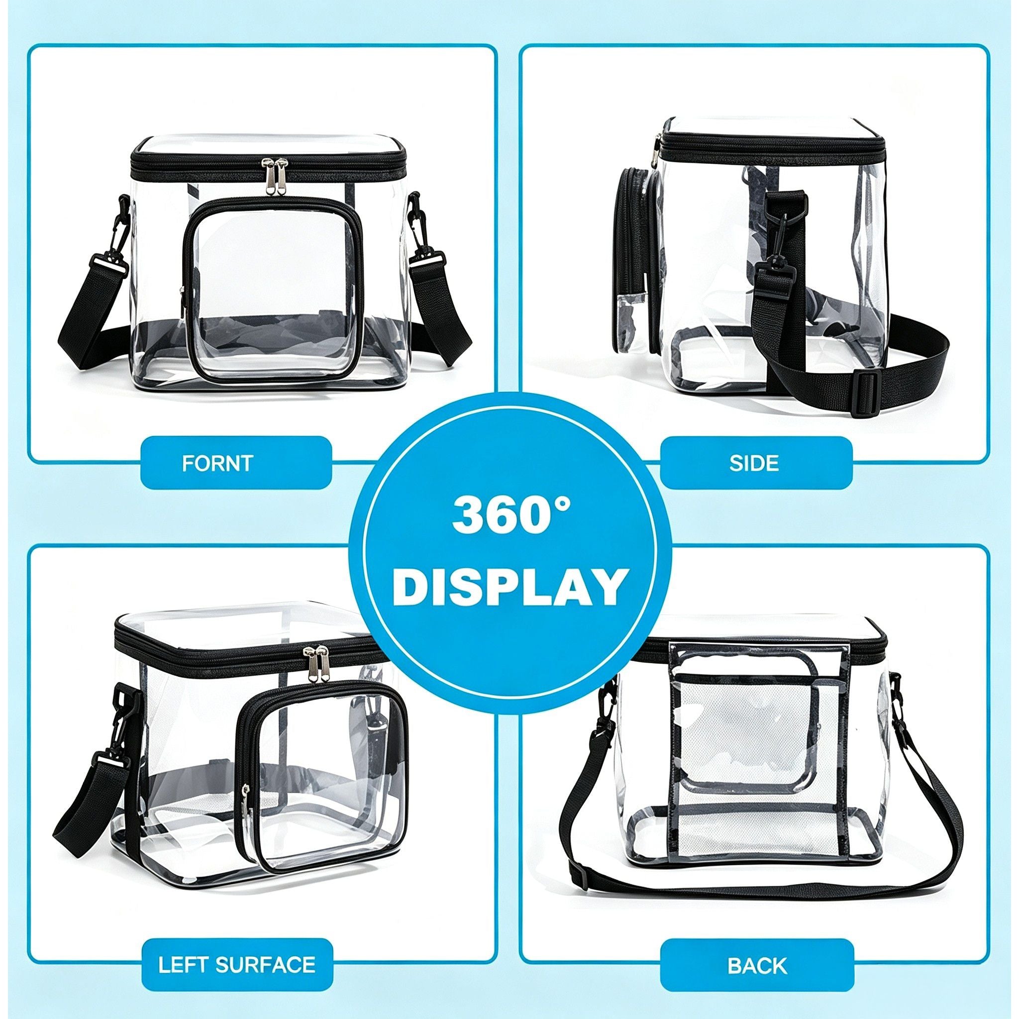 Clear PVC Lunch Tote Bag with Front Zipper Pocket, Top Handle and Removable Shoulder Strap