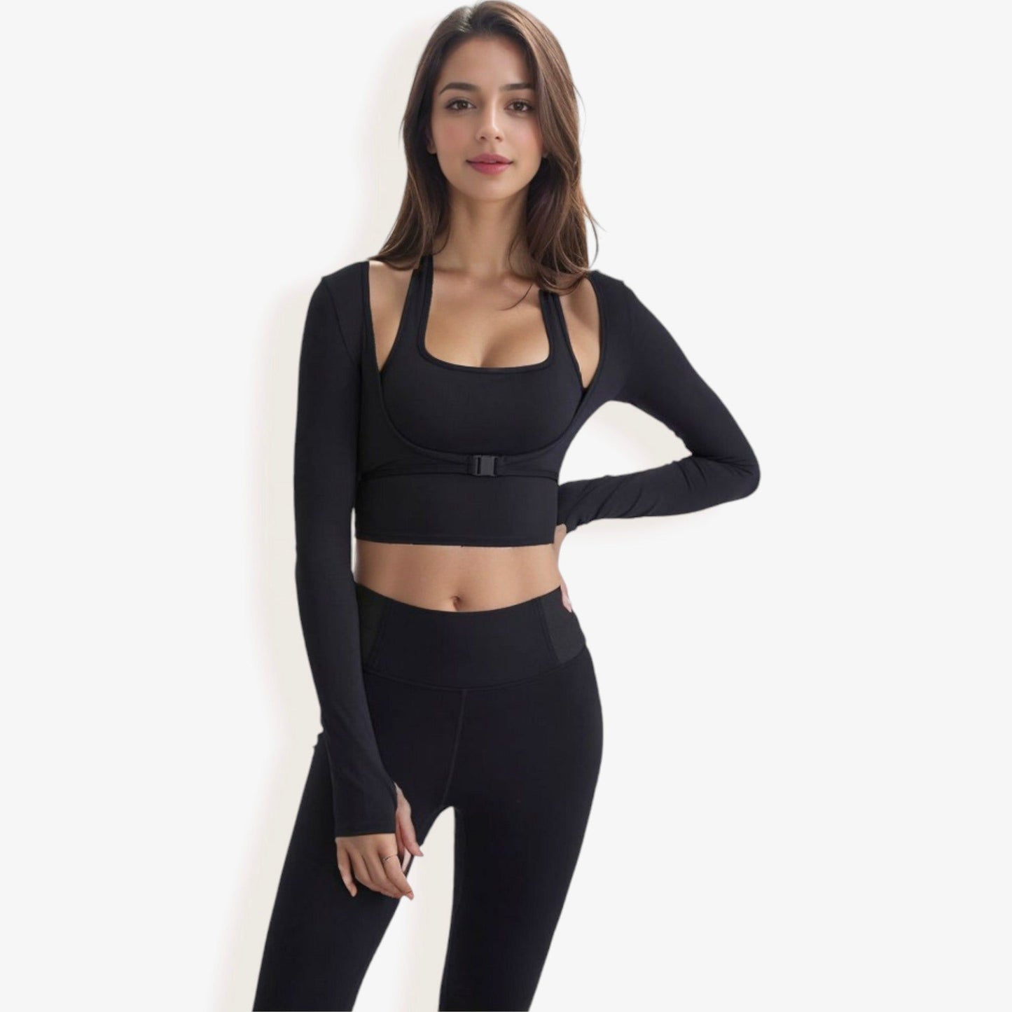 Long Sleeve Cropped Sports Top with Buckle Detail