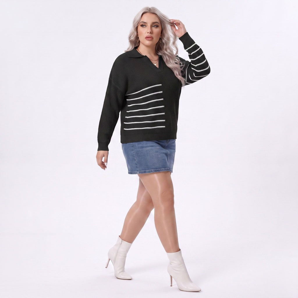 Plus Size Striped Johnny Collar Knit Sweater