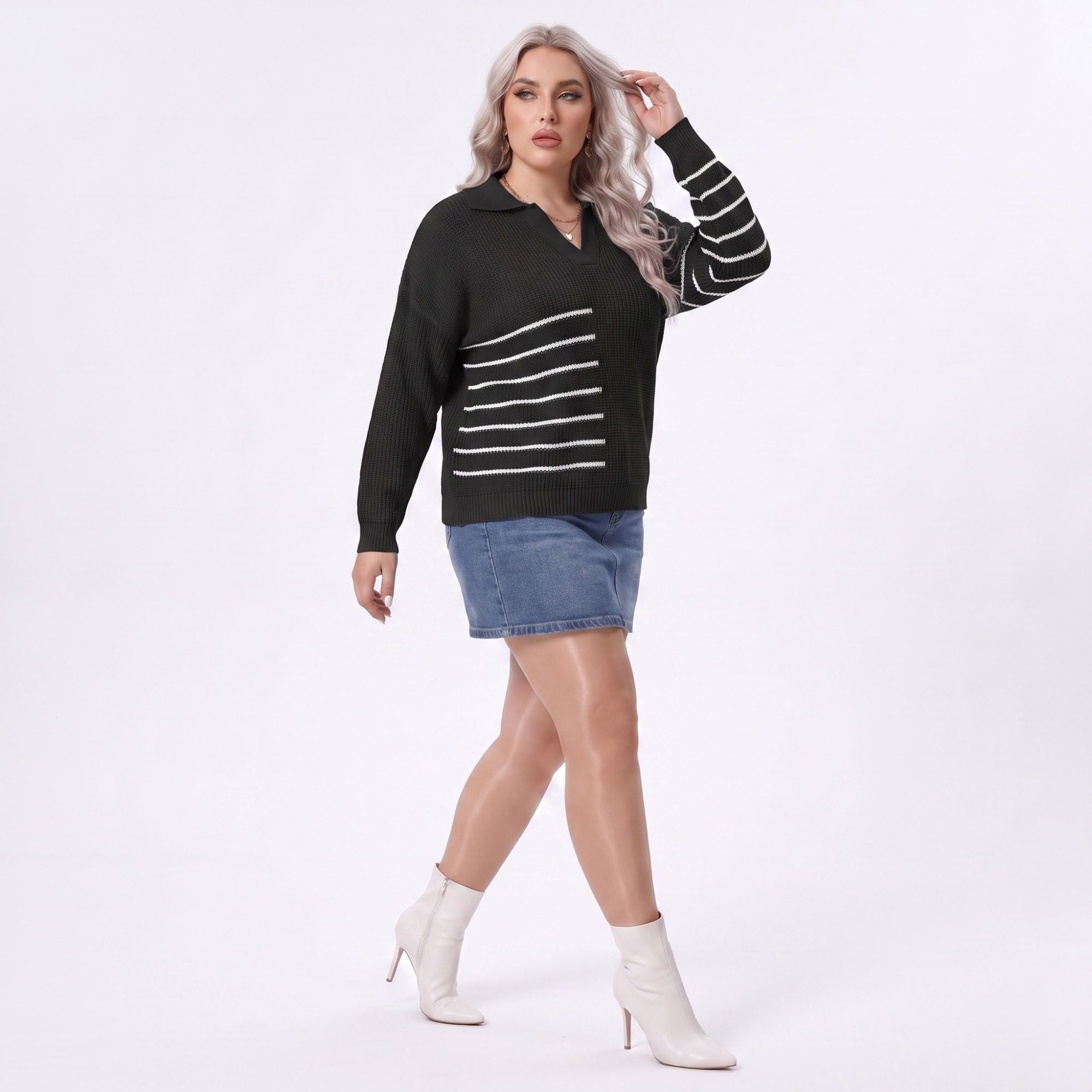 Plus Size Striped Johnny Collar Knit Sweater