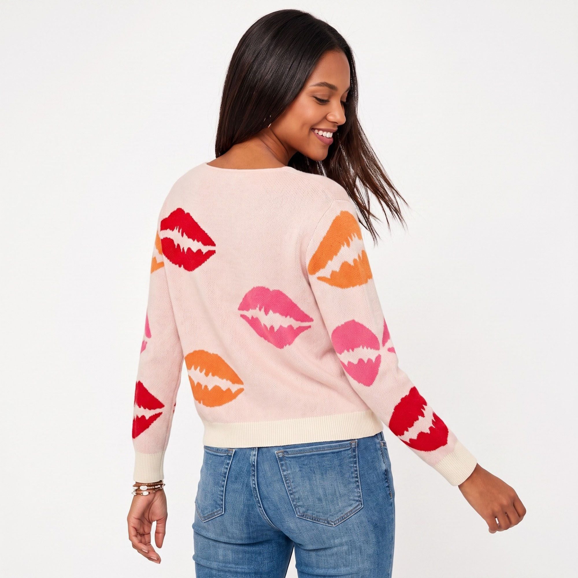 Lip Print V-Neck Long Sleeve Knit Sweater