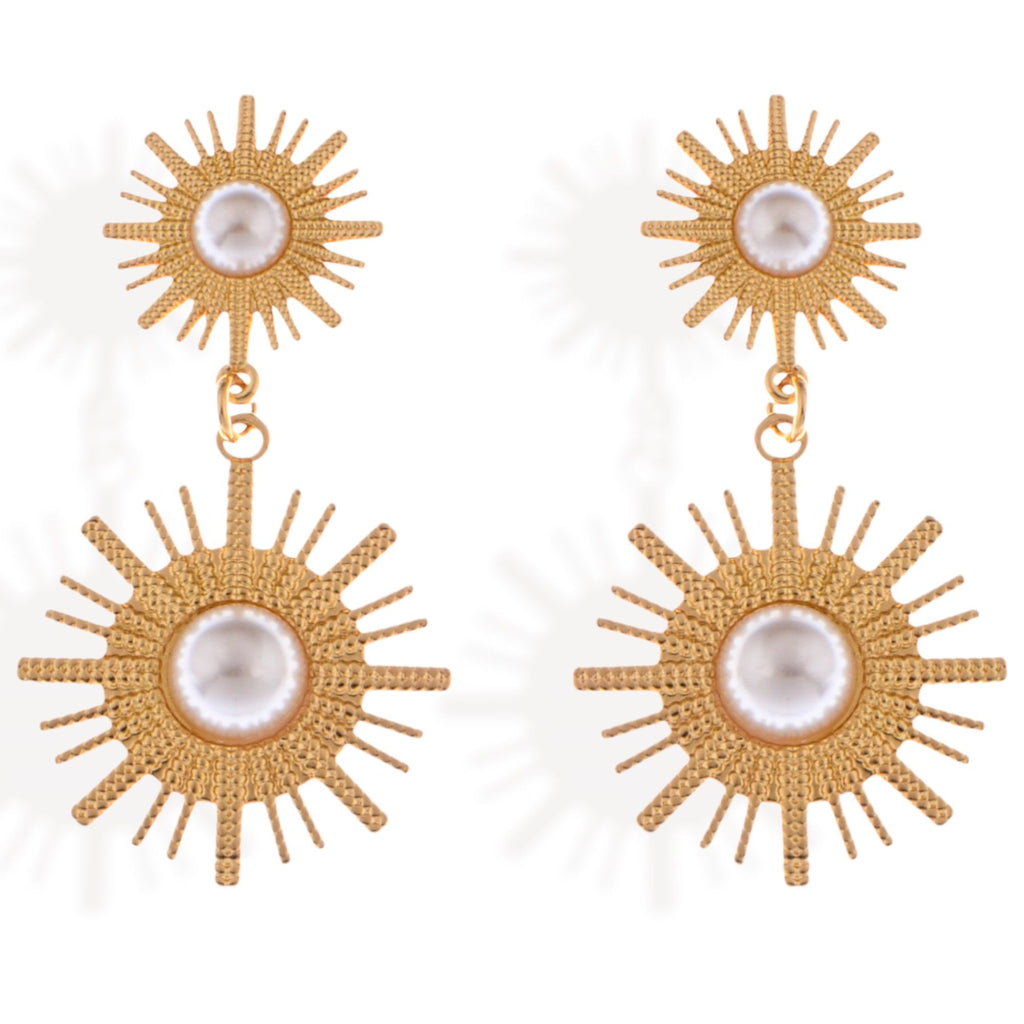 Women's Gold Tone Sunburst Dangle Fashion Earrings with Pearl Accents