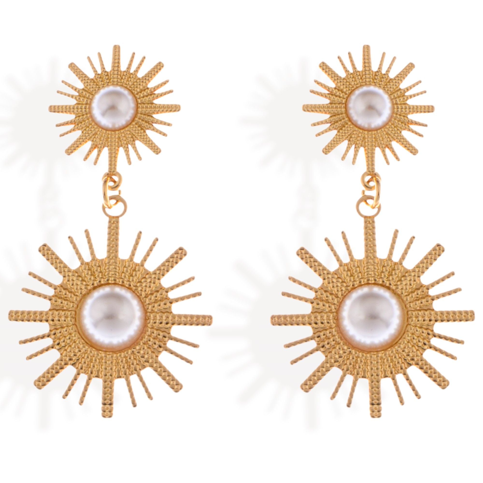 Women's Gold Tone Sunburst Dangle Fashion Earrings with Pearl Accents