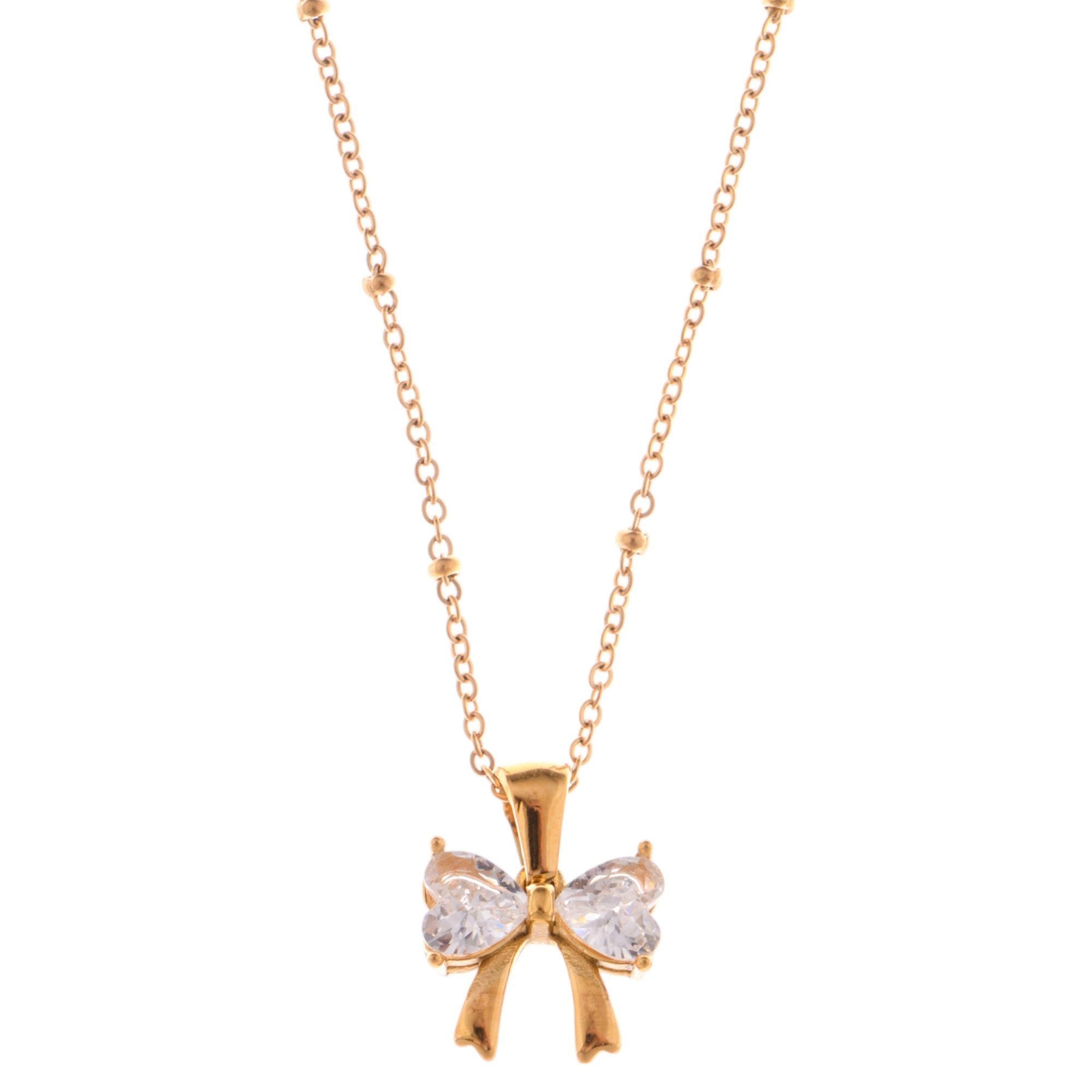Silver Bow Pendant Fashion Necklace with Pink Gemstone Accents
