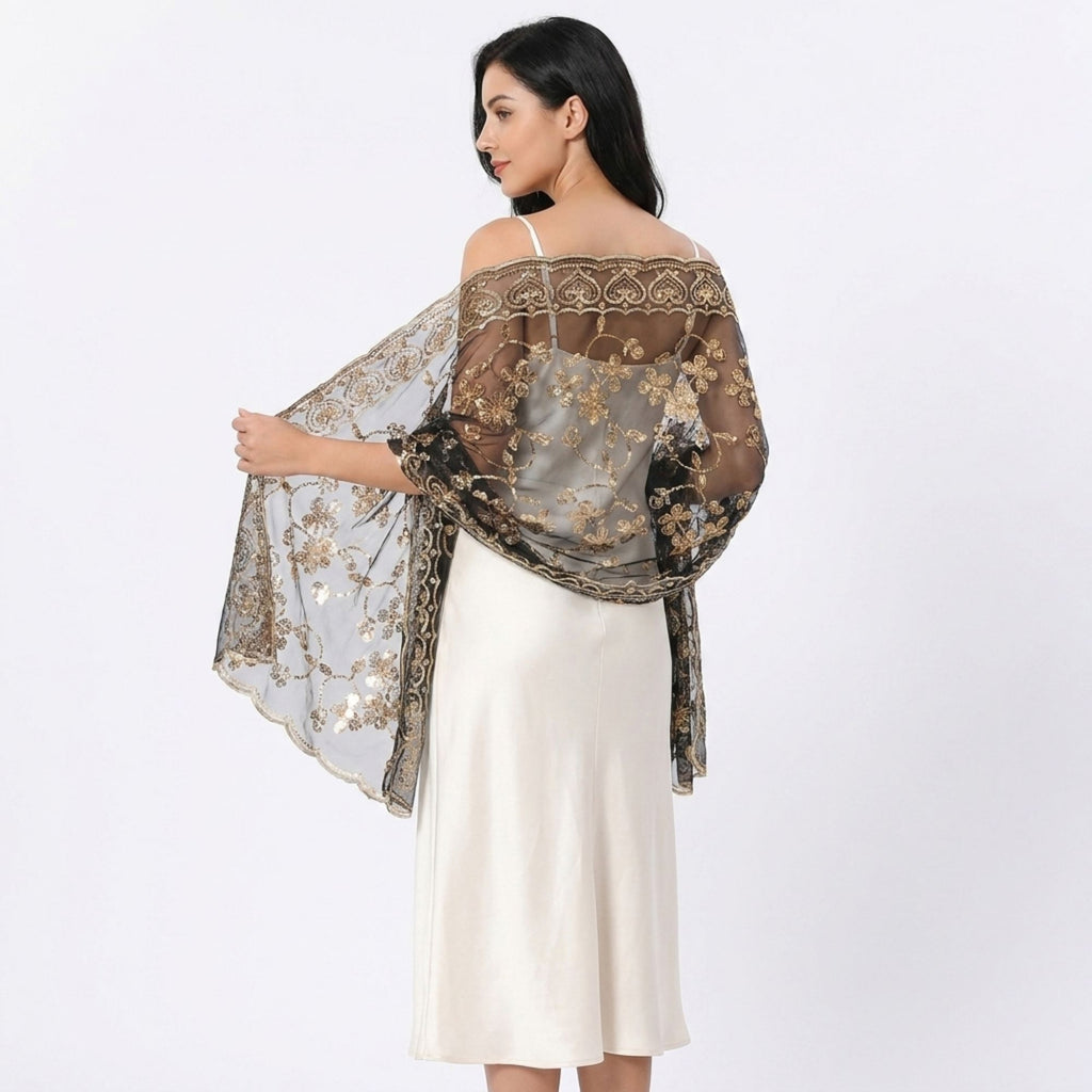 Sequin Shawl Wrap Sheer Mesh Evening Cover Up 75*23.5 Inches