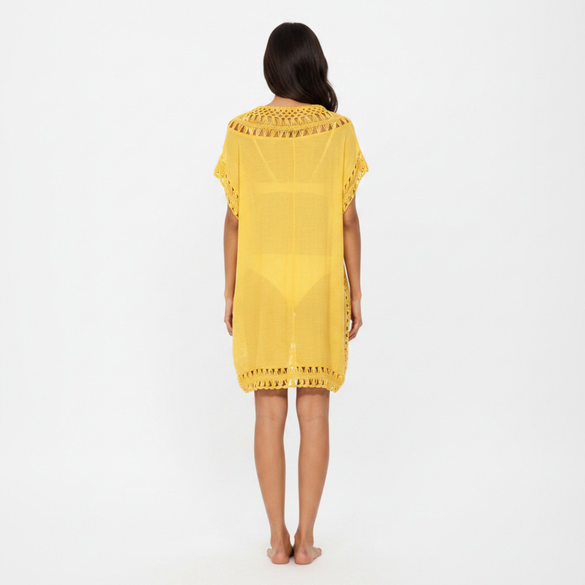 Anna-Kaci Women's Swim Cover Up Dress with Crochet Trim Short Sleeves Relaxed Lightweight Beach Caftan