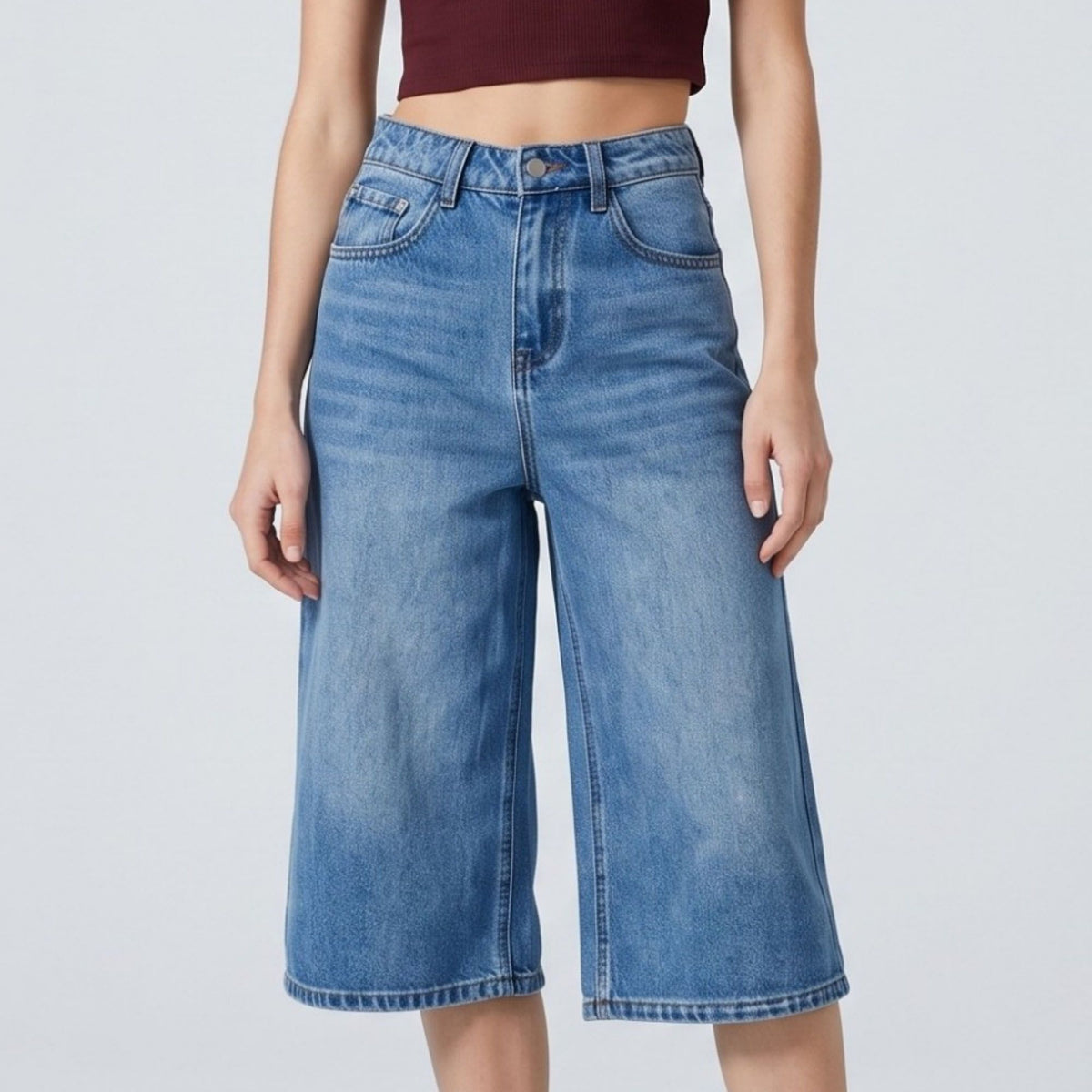 High-Waisted Cropped Wide-Leg Denim Trousers