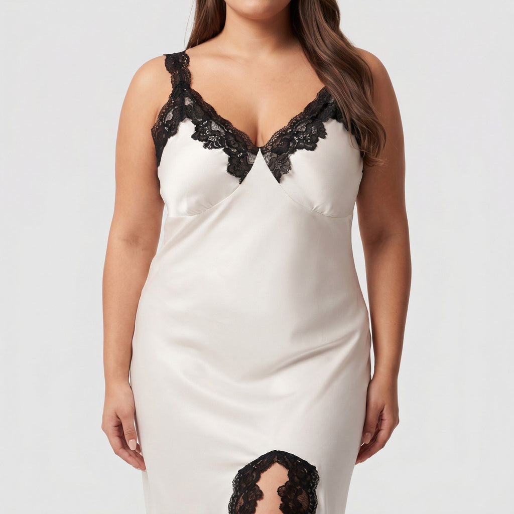 Anna-Kaci Lounge Women's Plus Size Long Satin Chemise Lace Trim Split Hem Nightgown Adjustable Strap Slip Dress