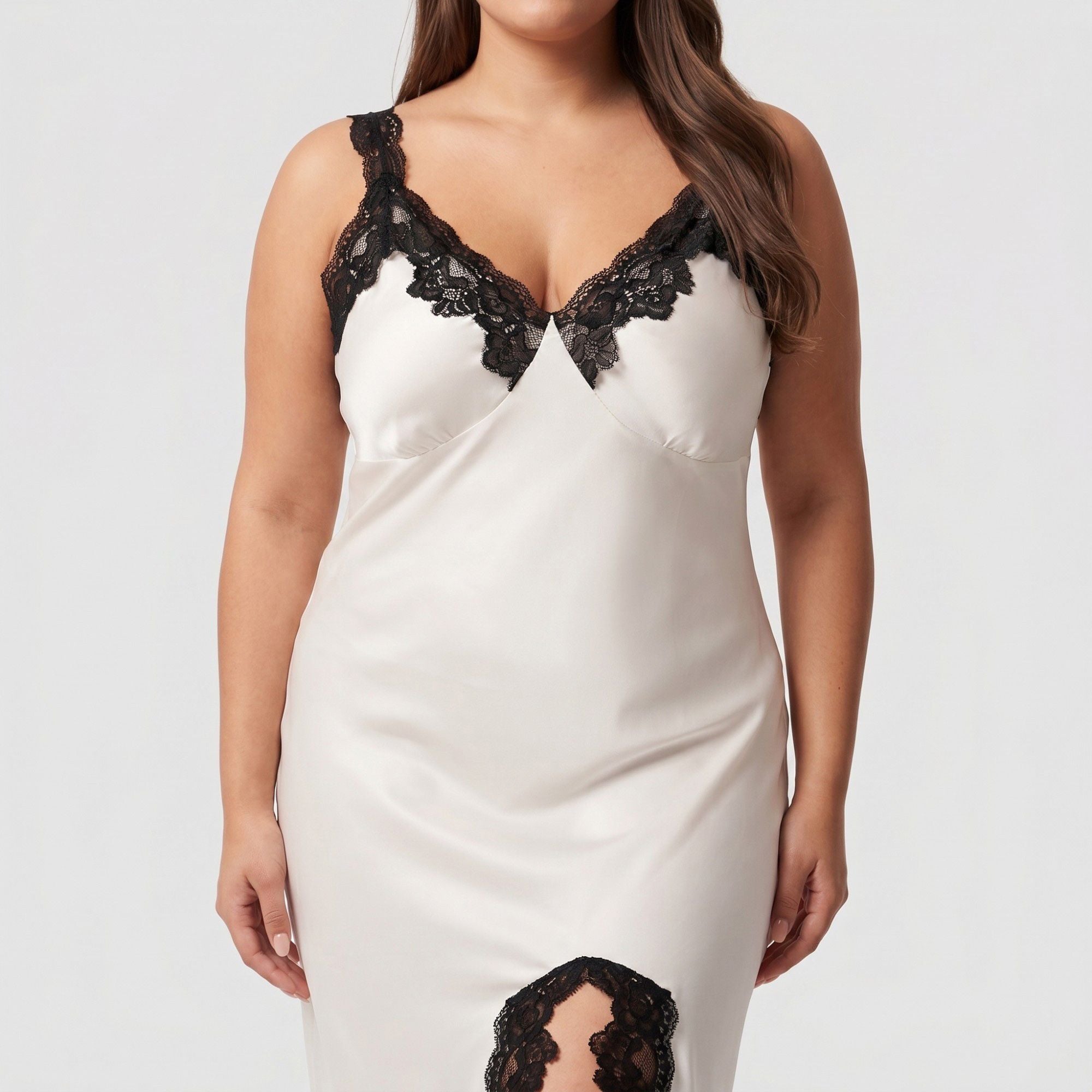 Anna-Kaci Lounge Women's Plus Size Long Satin Chemise Lace Trim Split Hem Nightgown Adjustable Strap Slip Dress