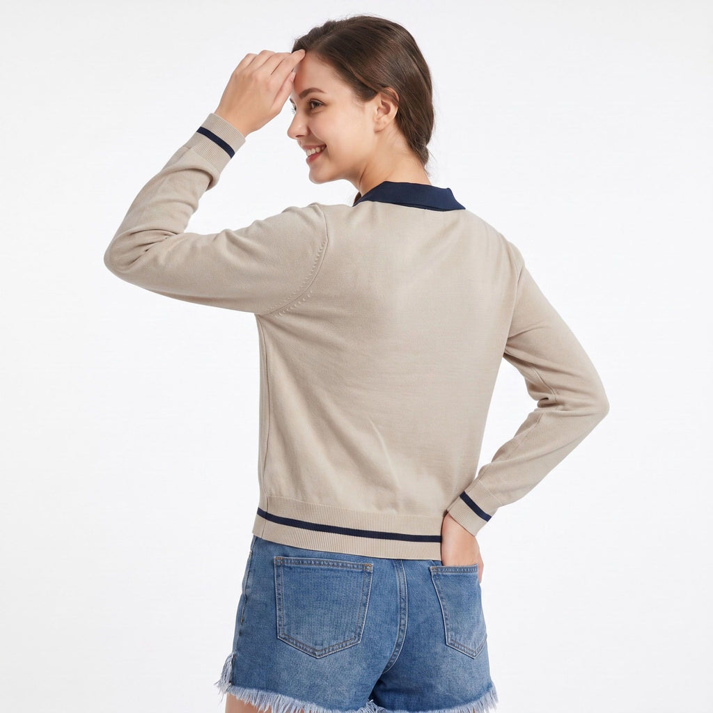 Contrast Collar Button Placket Long Sleeve Knit Sweater