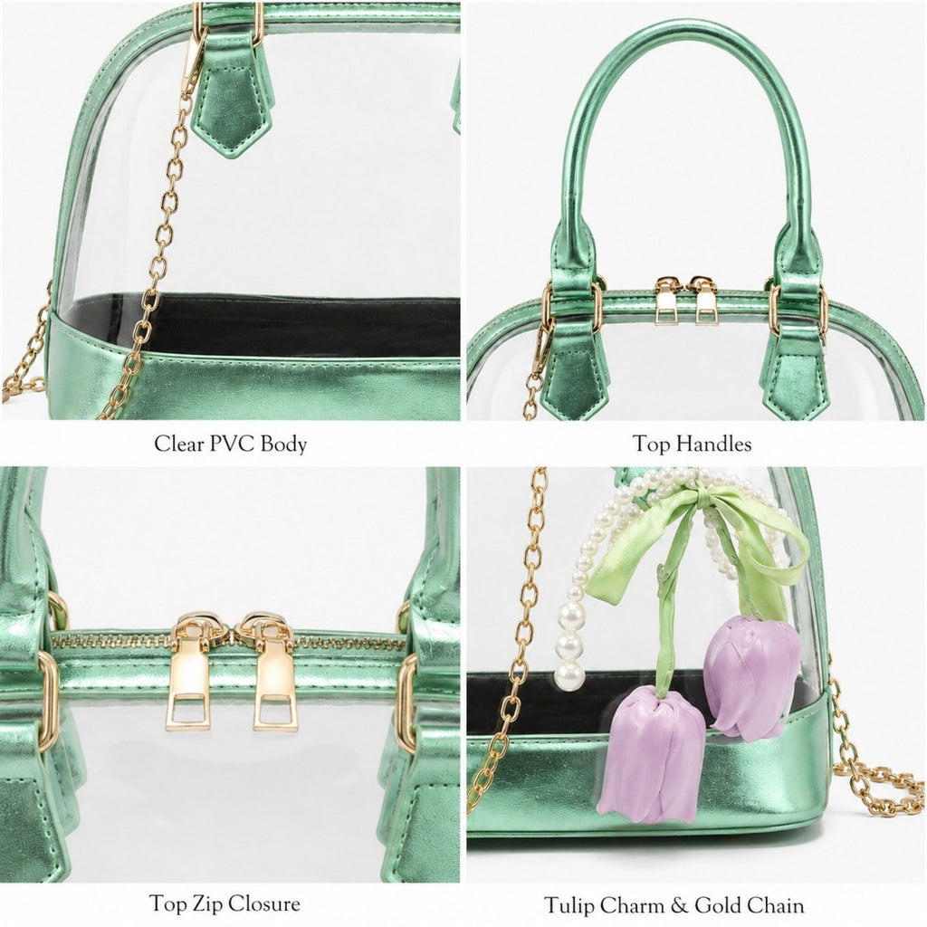 Clear PVC Mini Satchel Bag with Chain Strap and Floral Pearl Charm