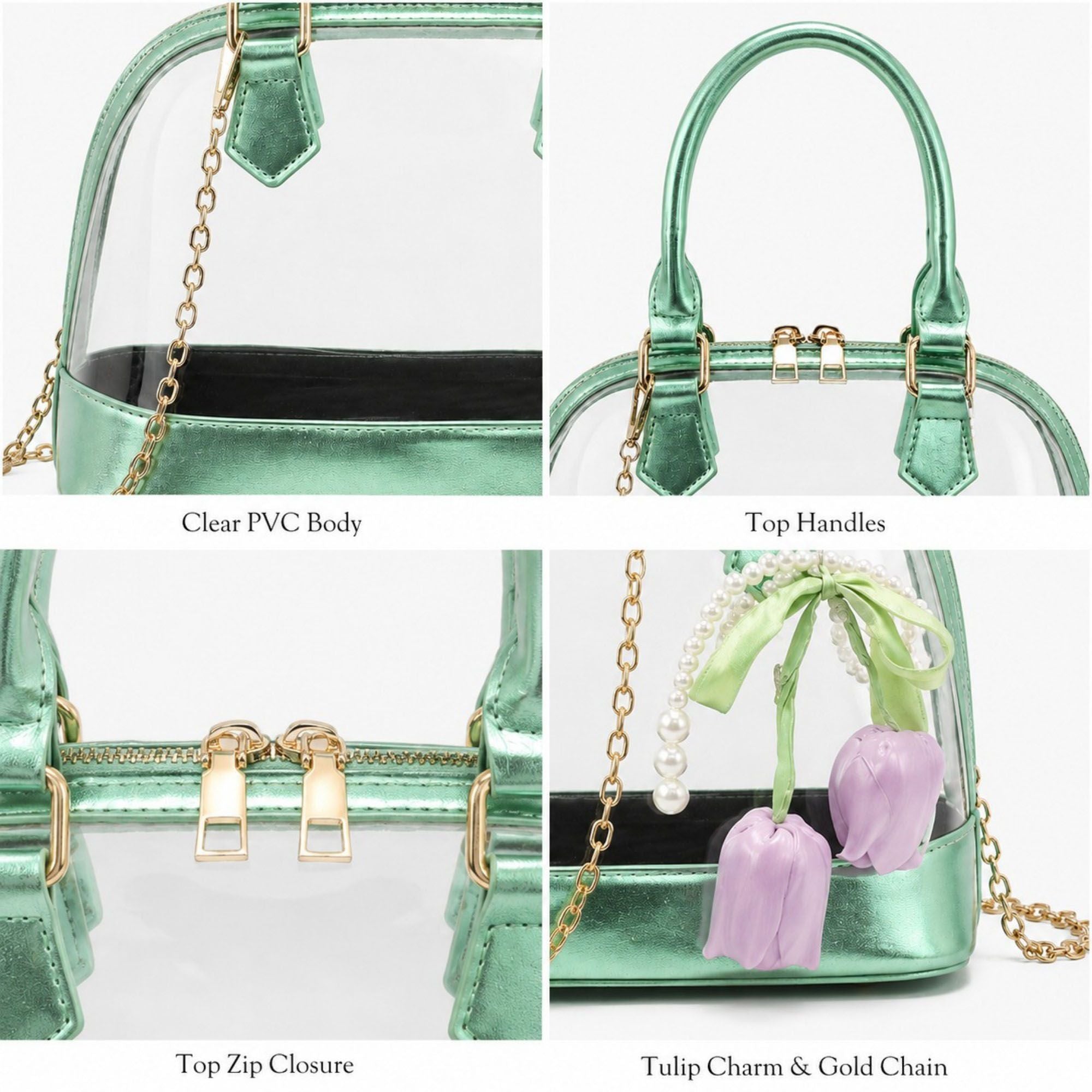 Clear PVC Mini Satchel Bag with Chain Strap and Floral Pearl Charm