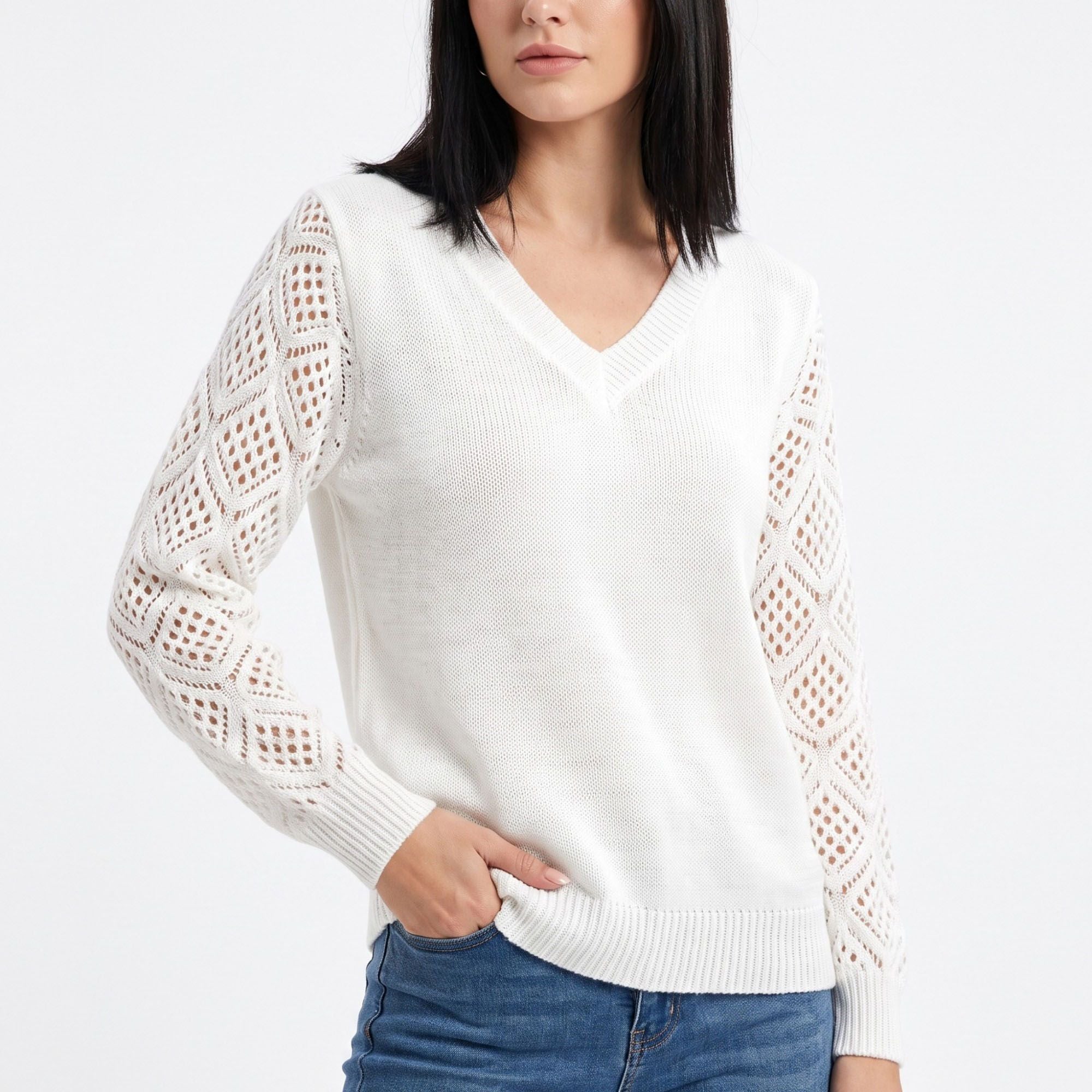 V-Neck Openwork Sleeve Long Sleeve Knit Sweater