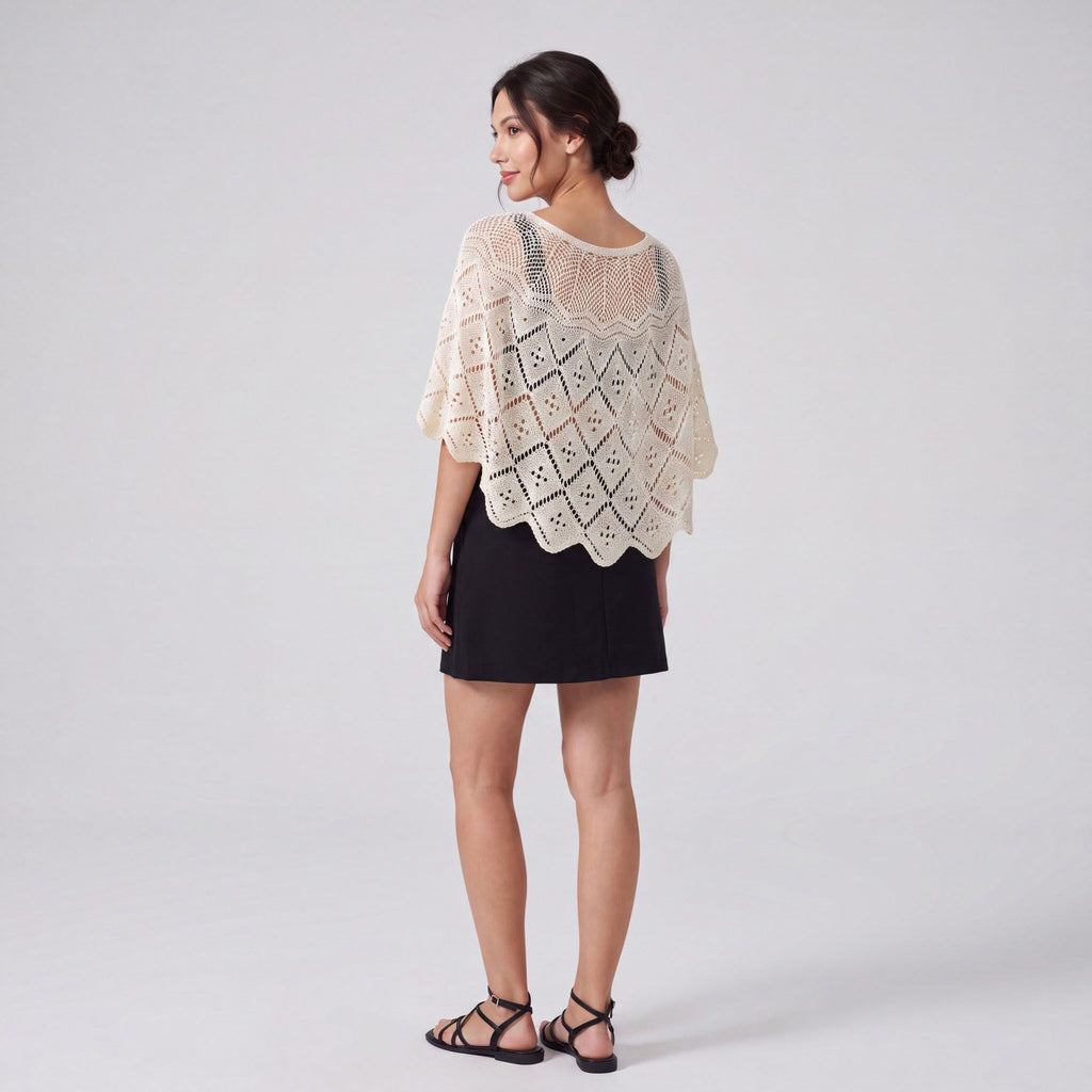 Crochet Openwork Poncho Capelet with Round Neck, Draped Short Sleeves and Scalloped Hem 11.8*39.3In