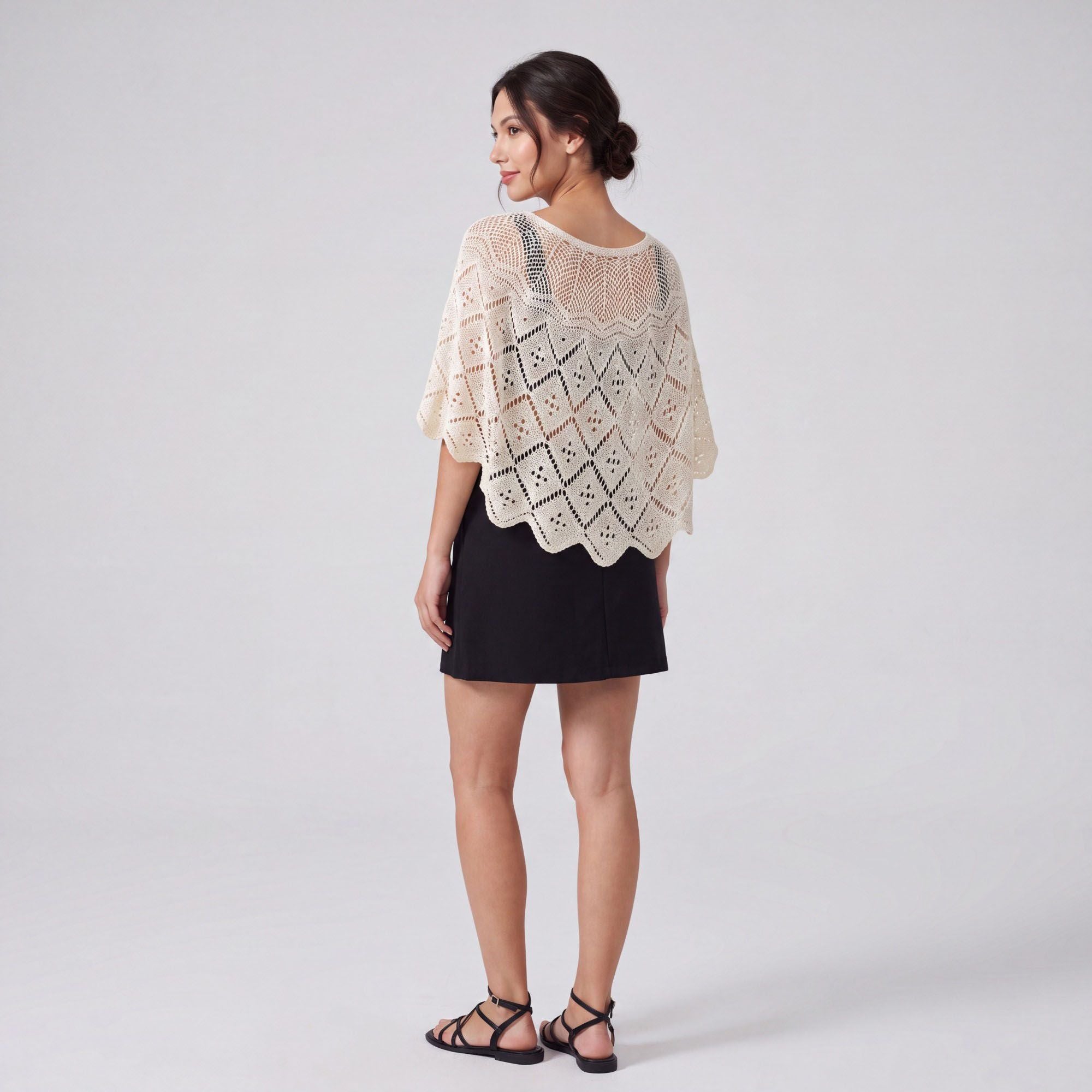 Crochet Openwork Poncho Capelet with Round Neck, Draped Short Sleeves and Scalloped Hem 11.8*39.3In