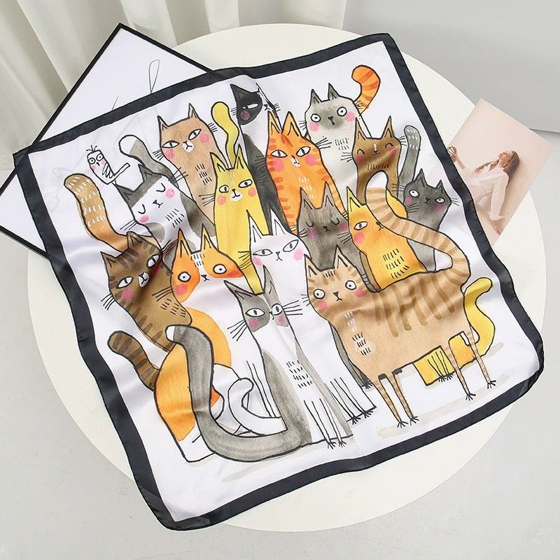 Anna-Kaci Women's Square Cat Print Silk Feel Satin Scarf Cute Animal Neck Wrap 27.5 Inch