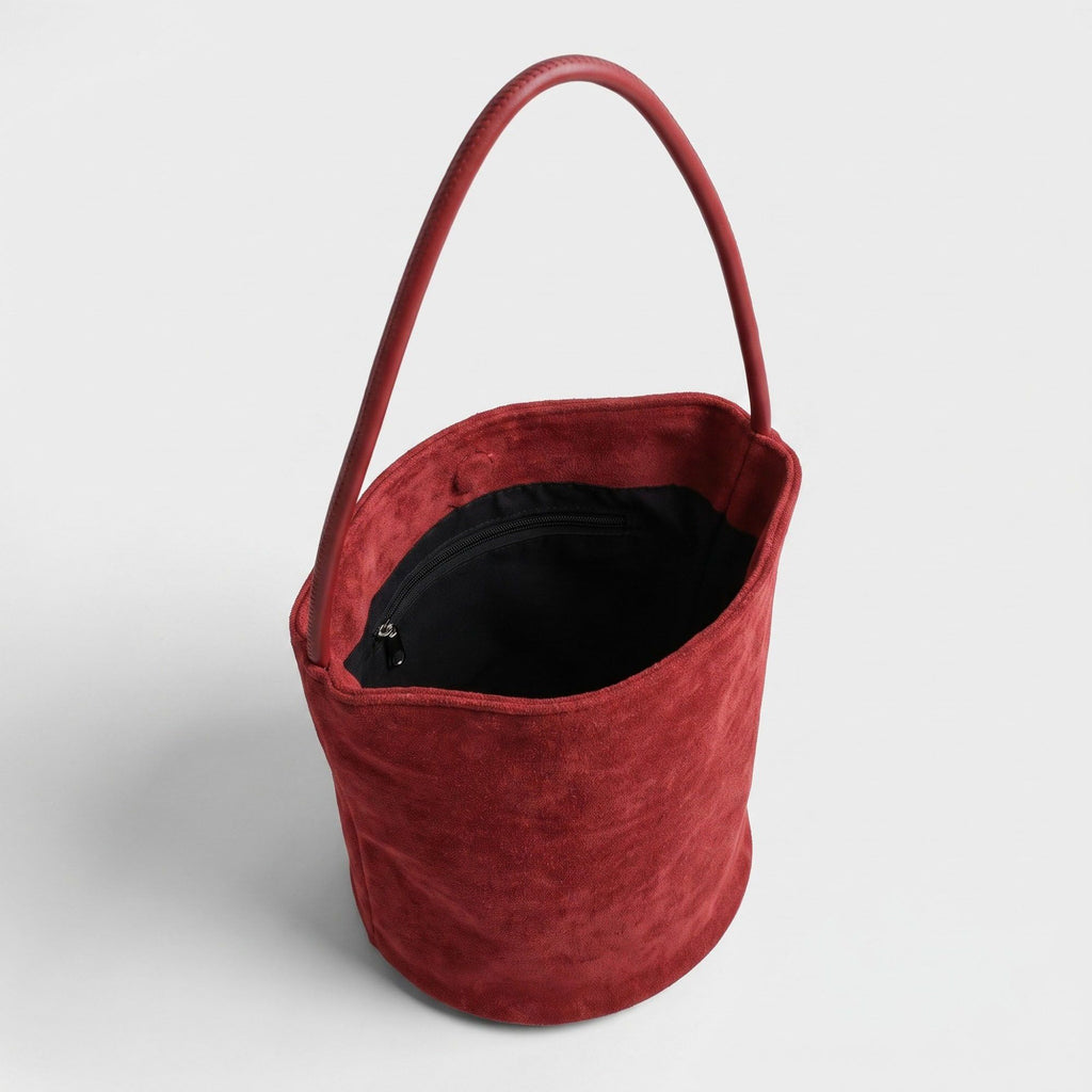 Suede-Look Bucket Shoulder Bag with Long Strap and Soft Structured Shape 9x7.5x6.5in