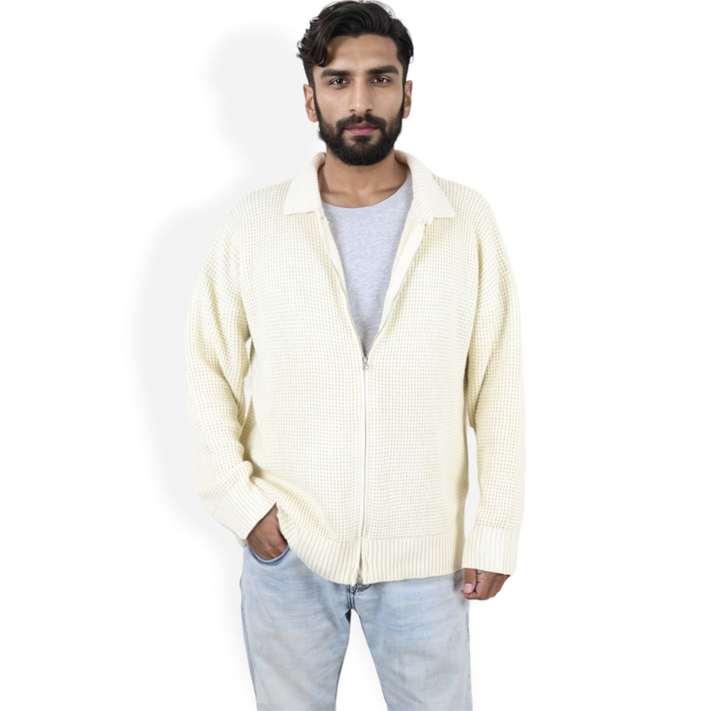 Anna-Kaci Men's Waffle Knit Zip-Up Cardigan with Classic Collar and Relaxed Fit