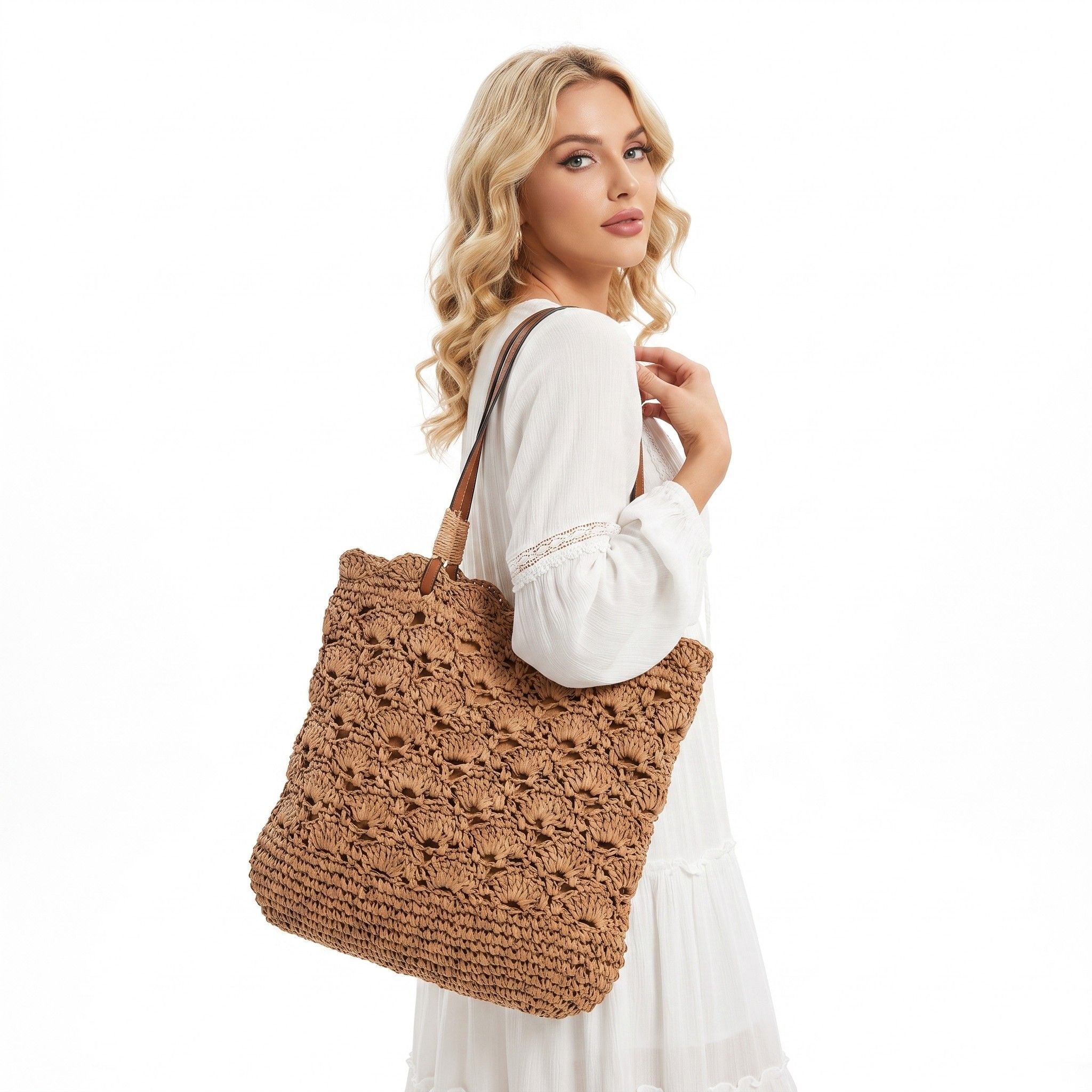Crochet Woven Shoulder Bag with Zip Closure and Scalloped Bucket Shape