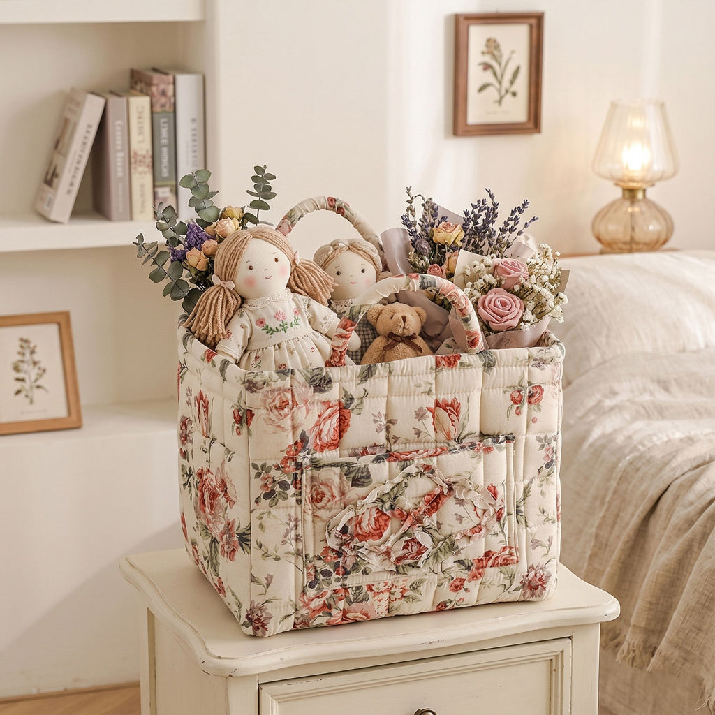 Fabric Storage Basket Quilted Cotton Organizer Bin with Floral Print Decorative Storage