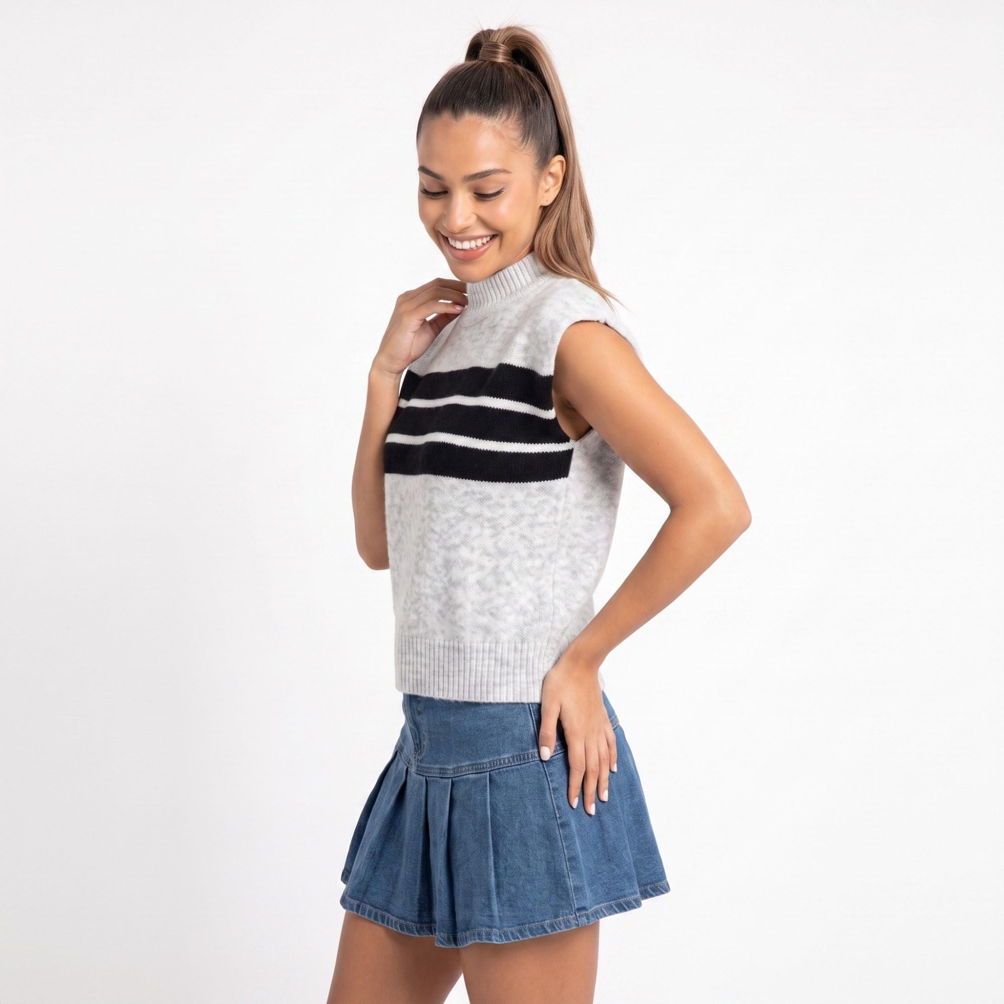 Striped Mock Neck Sleeveless Knit Sweater Vest