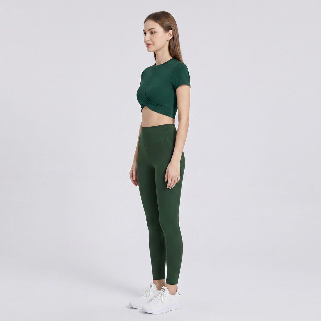Short Sleeve Twist Front Crop Workout Top Crew Neck Yoga Activewear T Shirt