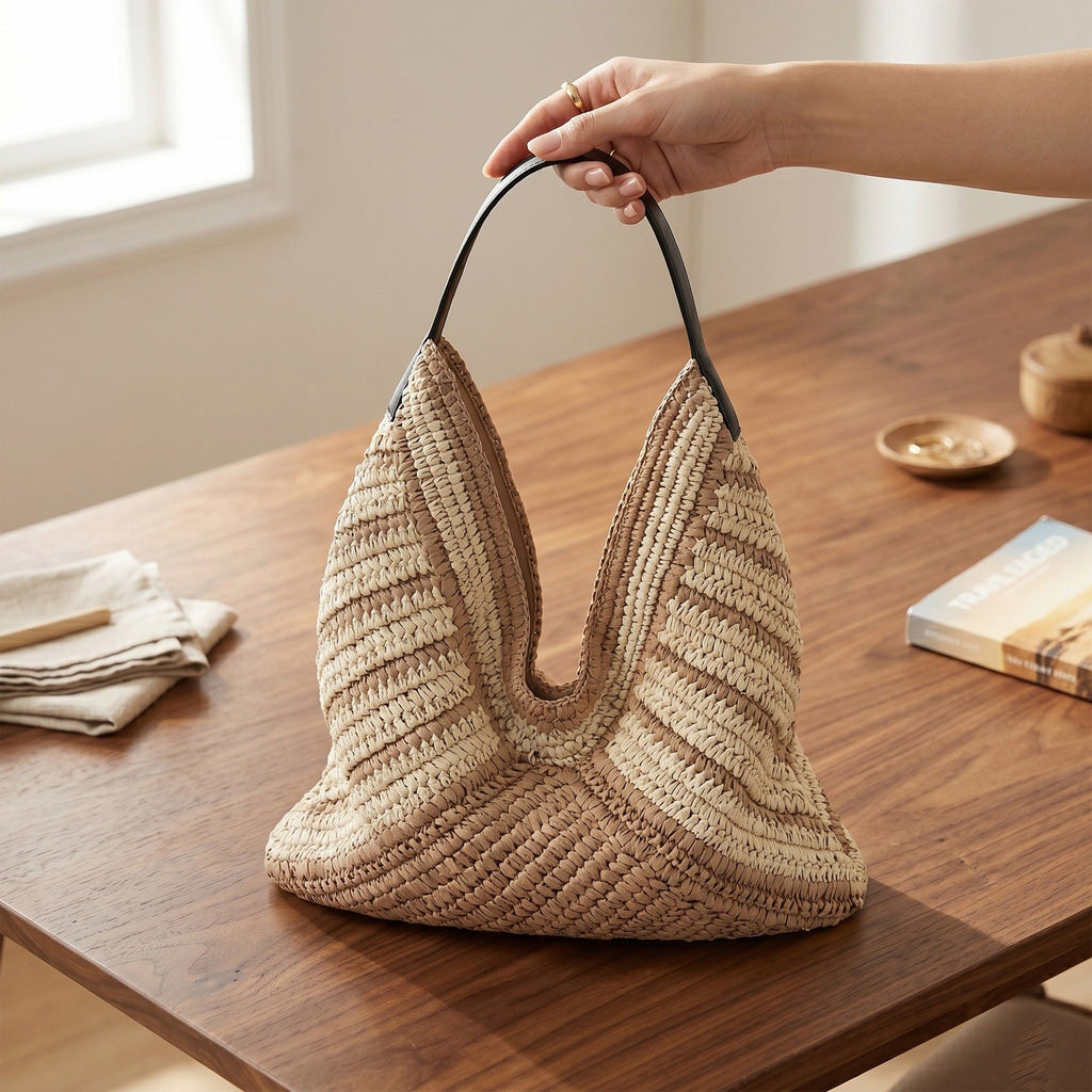 Woven Crochet Hobo Bag with Striped Pattern Slouchy Shoulder Handbag Lightweight Knit Tote