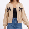 Bow Detail Open Front Knit Cardigan Sweater