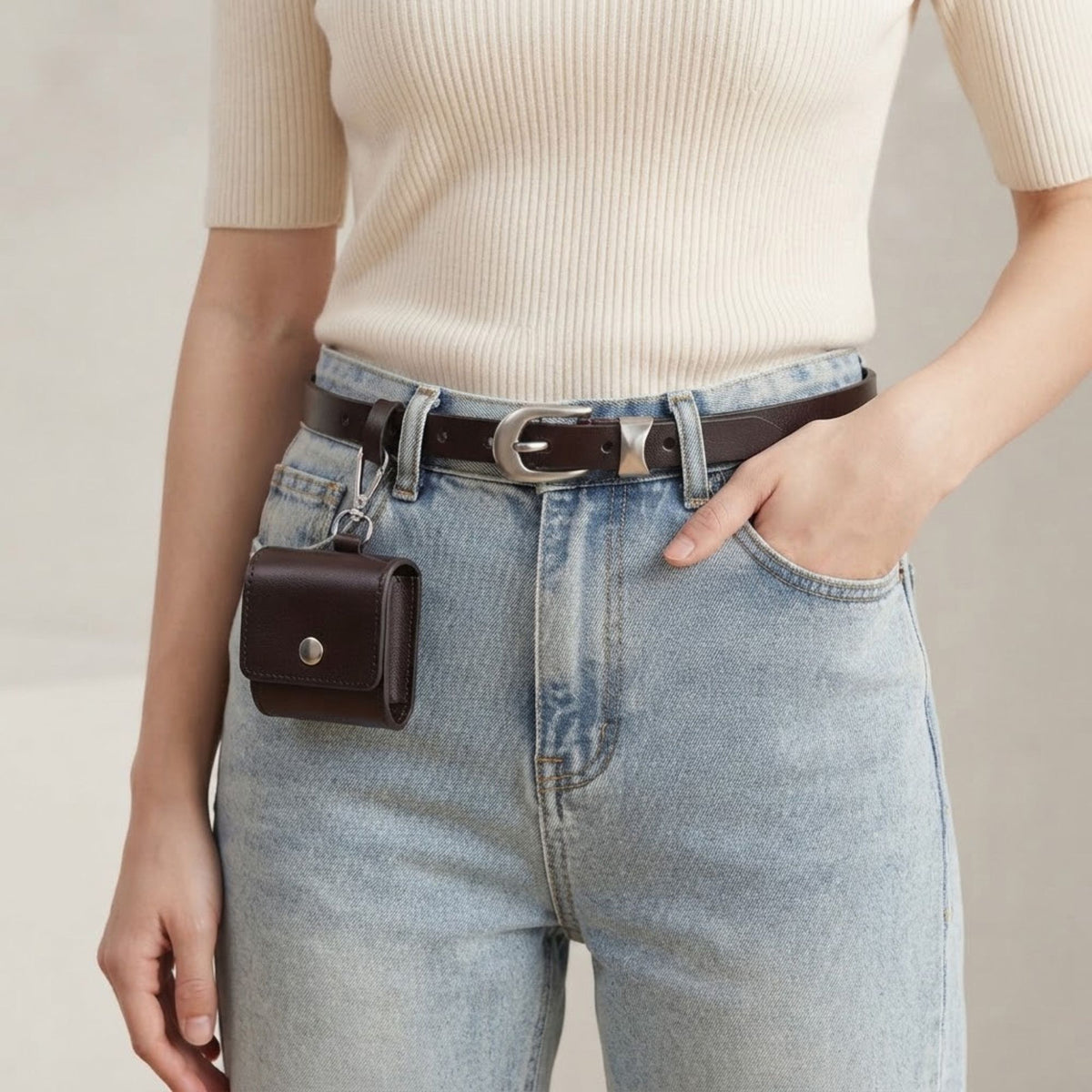 Genuine Leather Belt with Detachable Mini Pouch and Silver Tone Buckle 41.3in