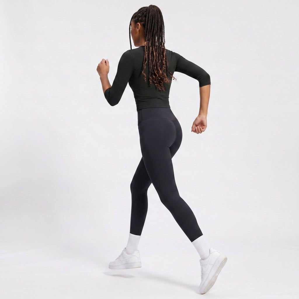 Elbow Sleeve Workout Top Crew Neck Fitted Crop Yoga Activewear Shirt