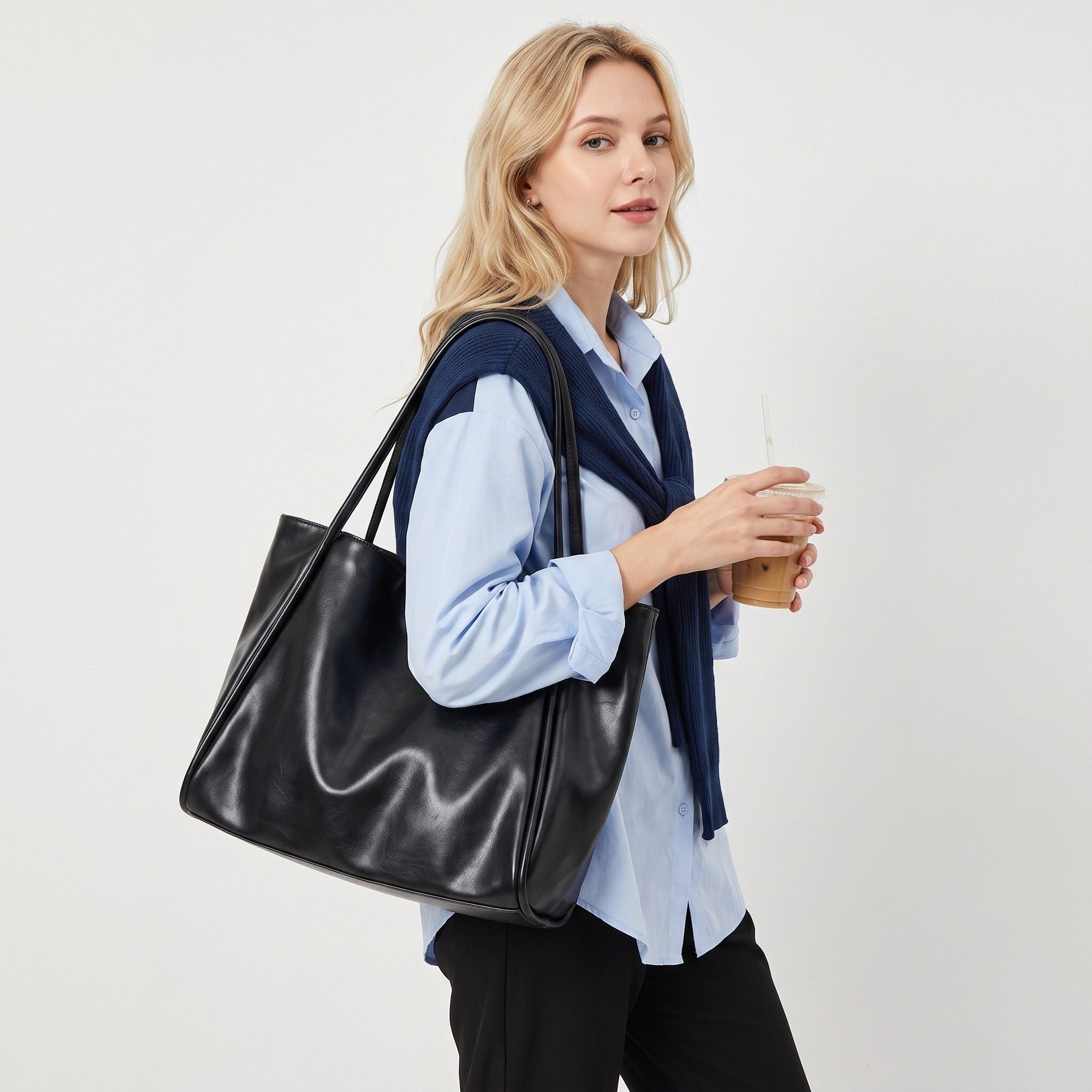 Large Faux Leather Tote Bag with Double Shoulder Straps and Magnetic Closure